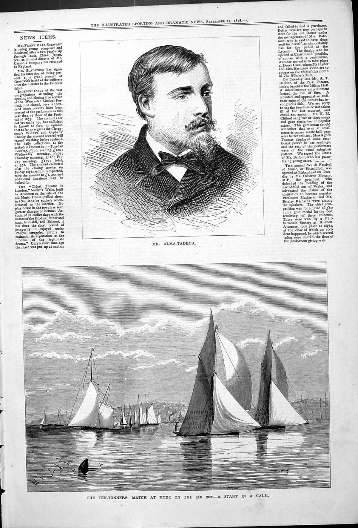 Antique Old Print Mr Alma-Tadema Ryde Match Sailing Boats Ten-Tonners 1878 19th
