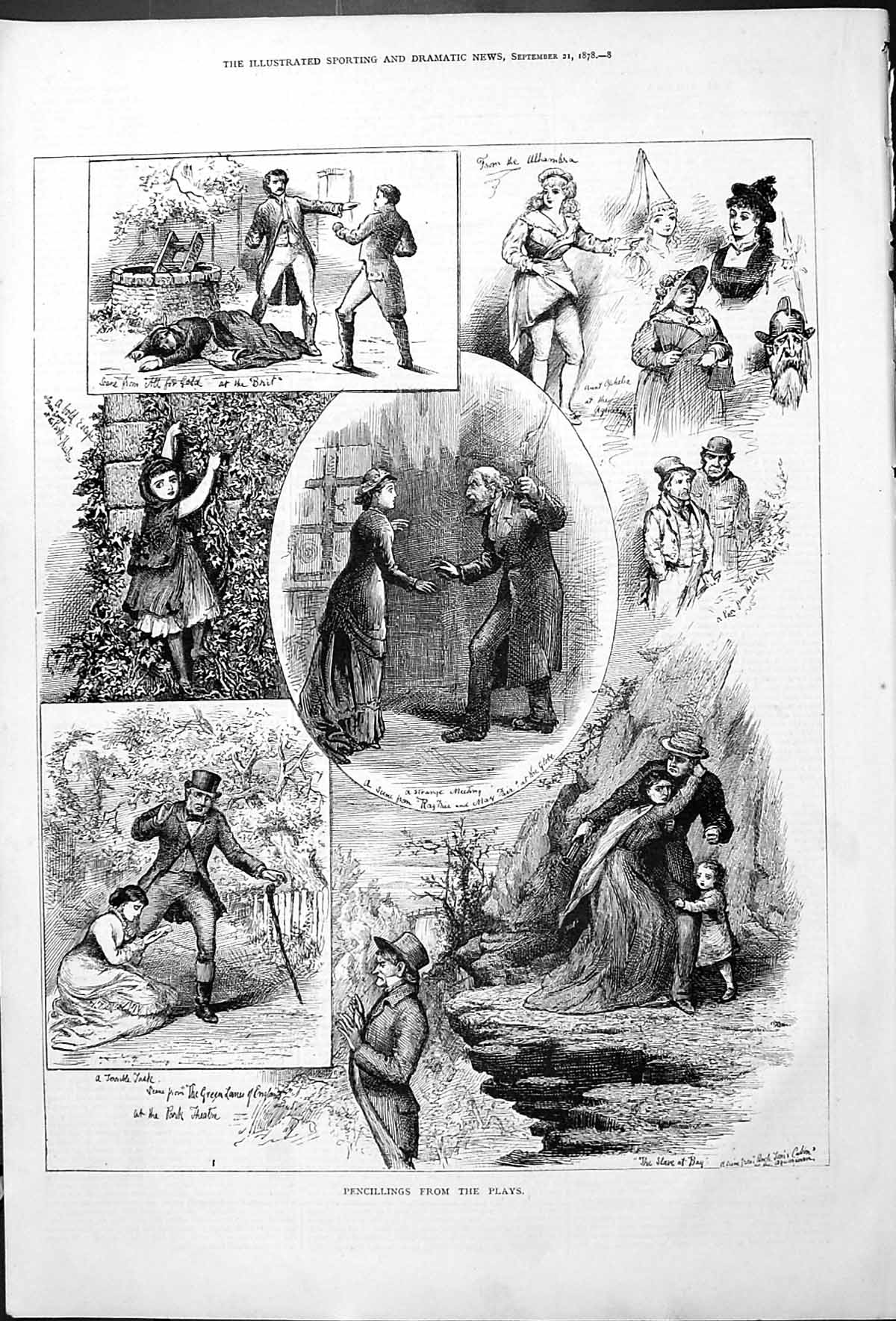 Old Antique Print Pencillings From Plays Sketches Park Theatre Slave 1878 19th