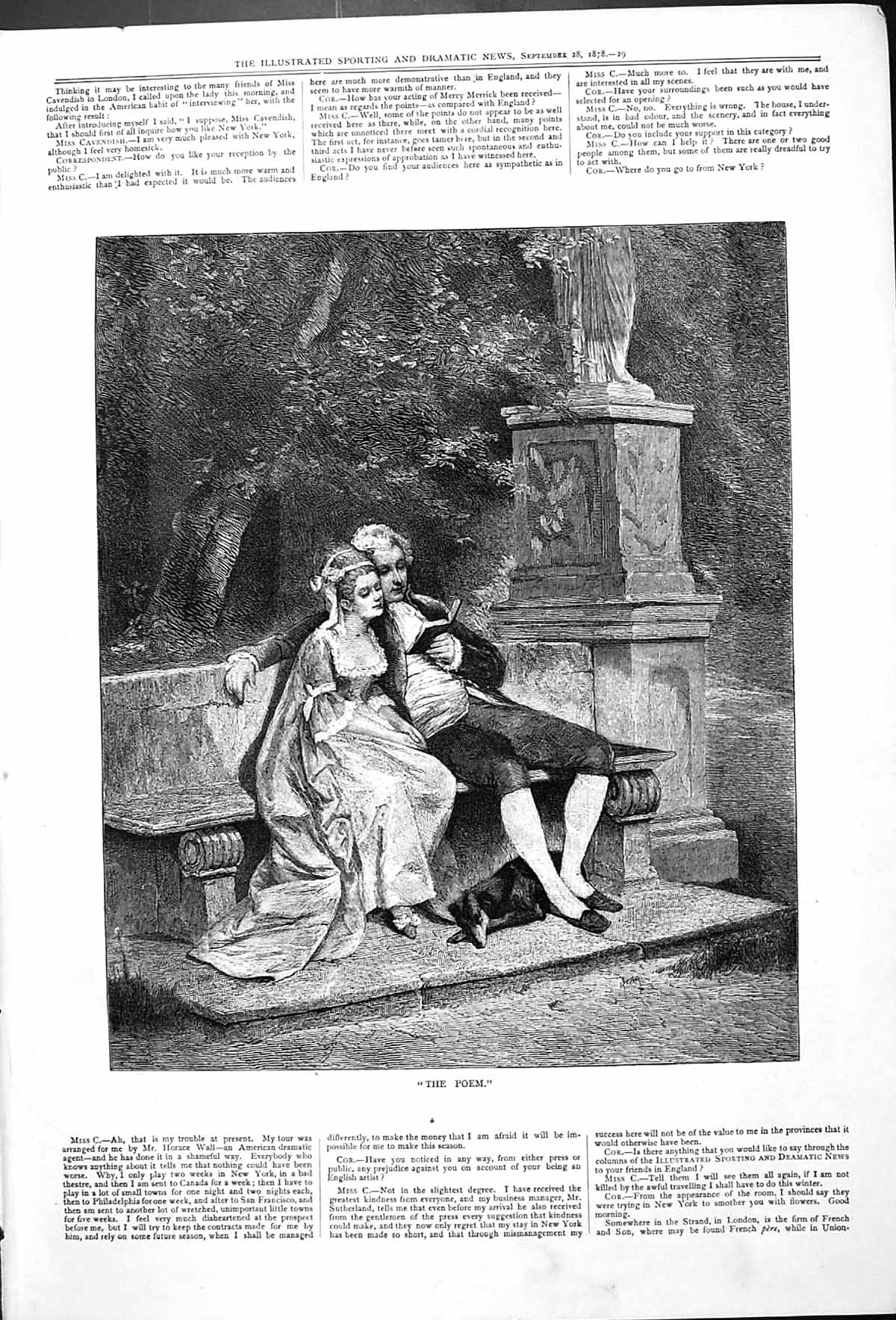Antique Old Print The Poem Romantic Outdoor Scene Man Beautiful Woman 1878 19th