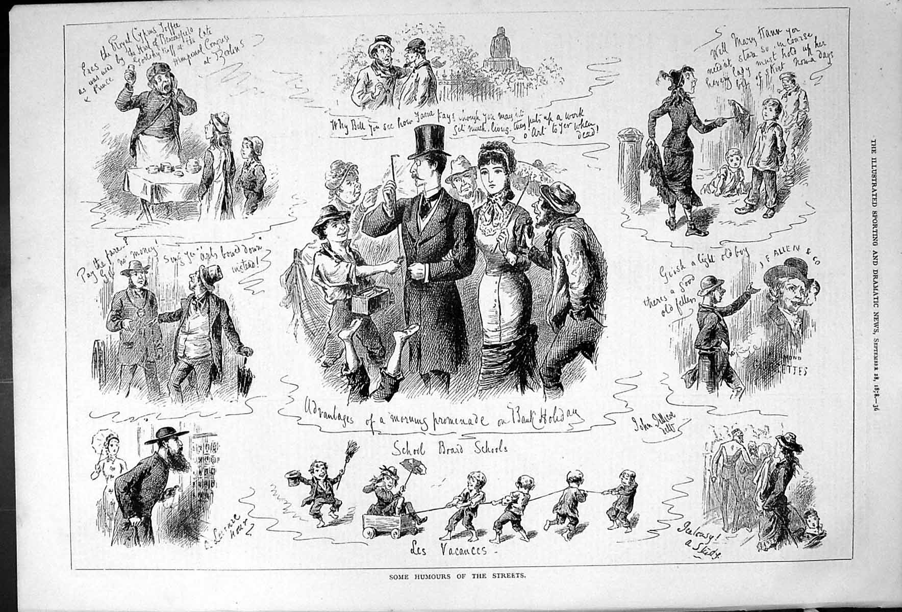 Antique Old Print Some Street Humours School Children Men Women Sketches 1878