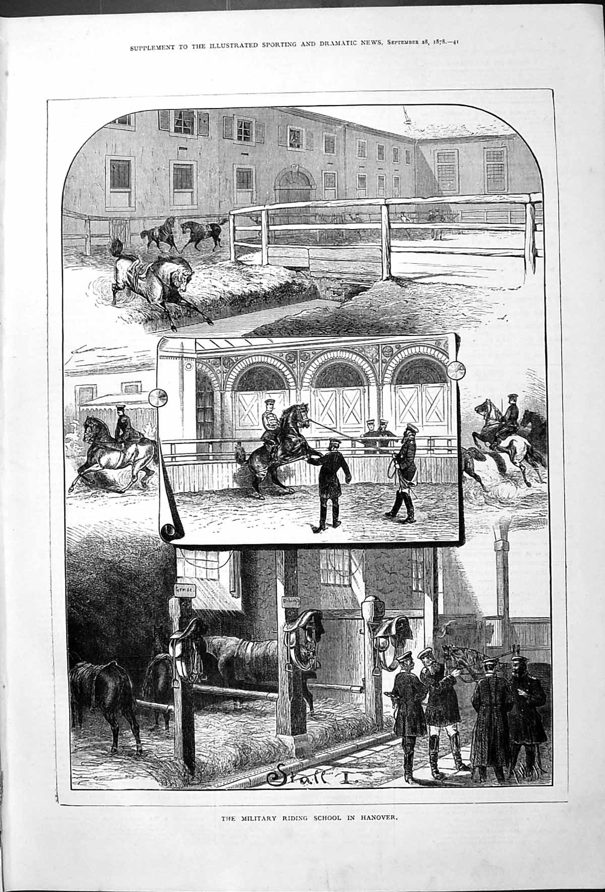Original Old Antique Print Military Riding School Hanover 1878 Horses Stables