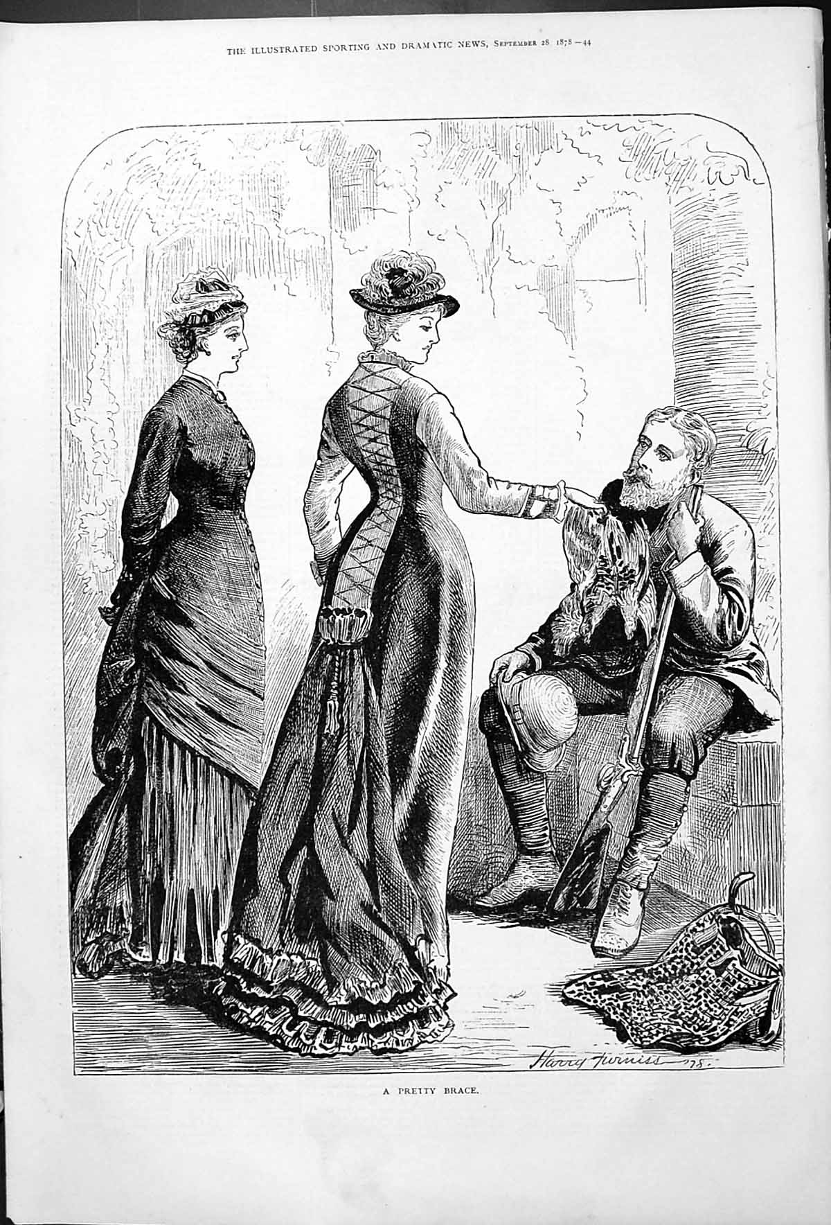 Original Old Antique Print Pretty Brace Man Beautiful Woman 1878 19th