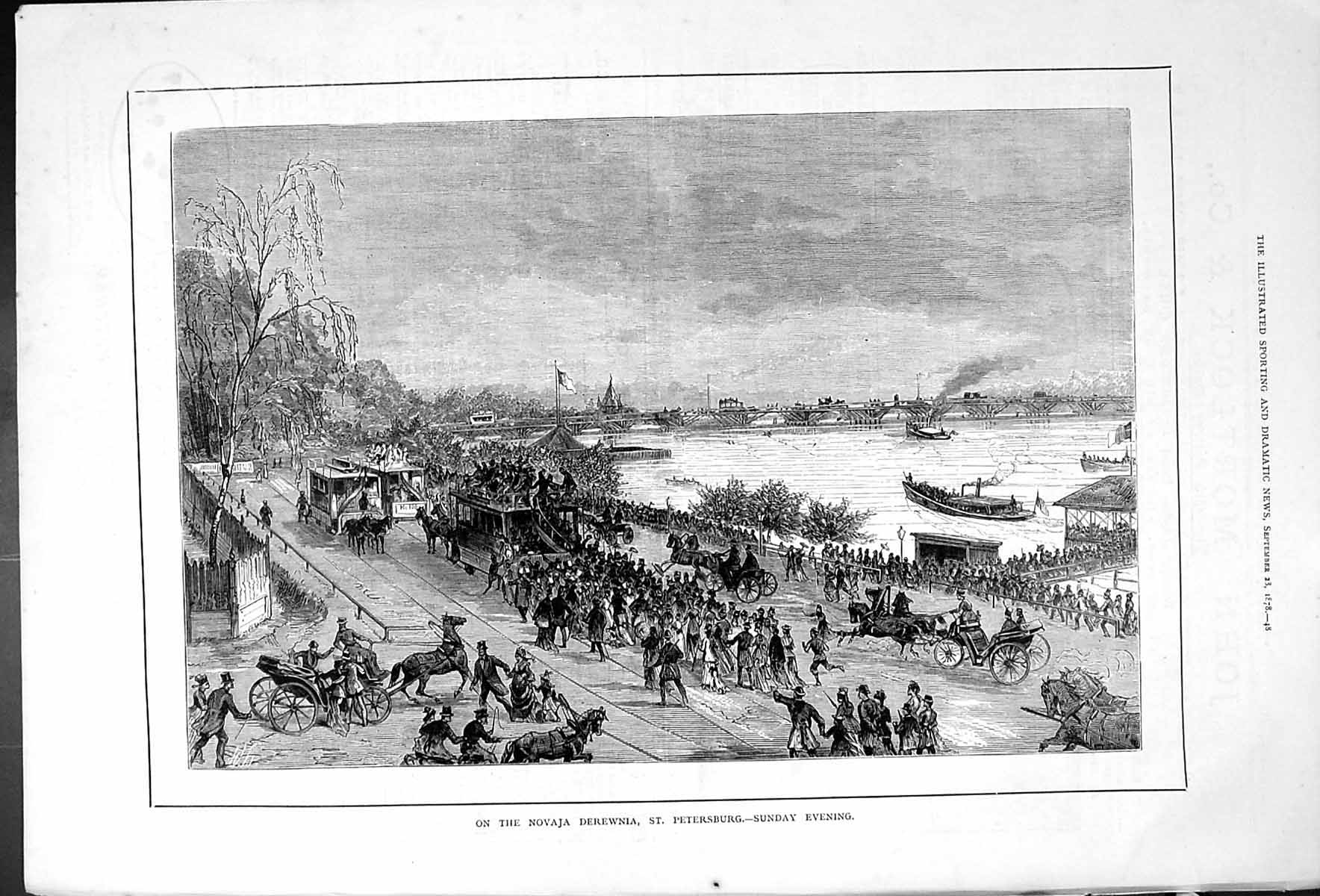 Original Old Antique Print Novaja Derewnia Saint Petersburg Sunday Evening 1878