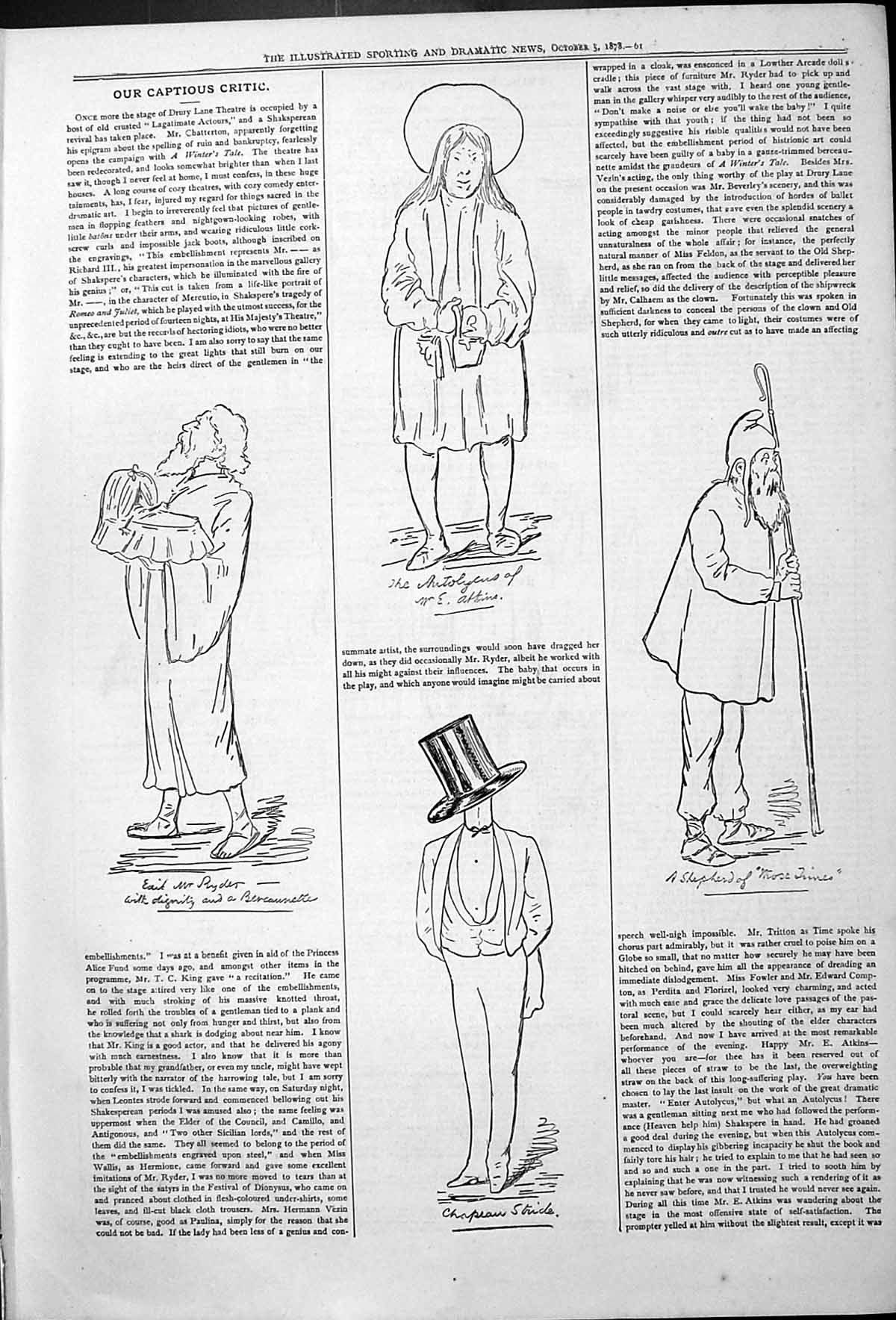 Original Old Antique Print Captious Critic Theatre Actors Mr Ryder 1878 19th