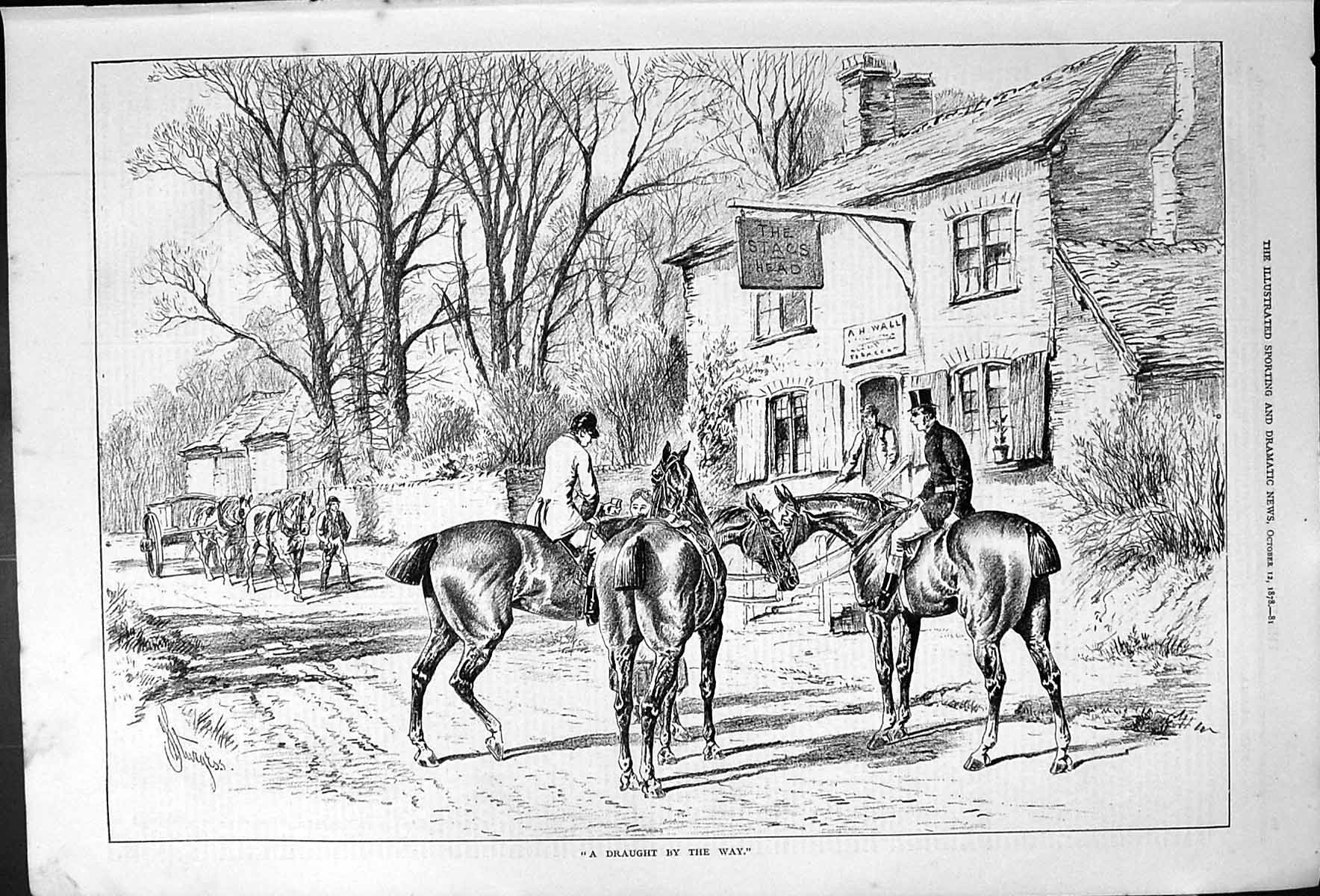 Original Old Antique Print Draught By Way Stags Head Horses Men Sturgess 1878