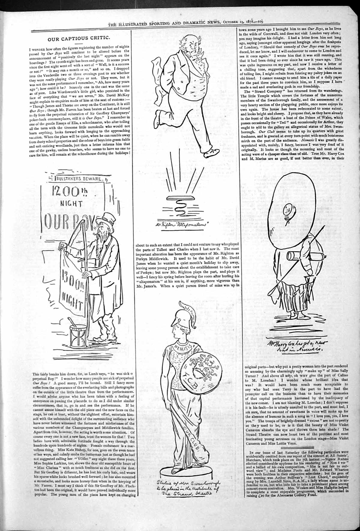 Antique Old Print Captious Critic Theatre Actors Mr Righton Billstickers 1878