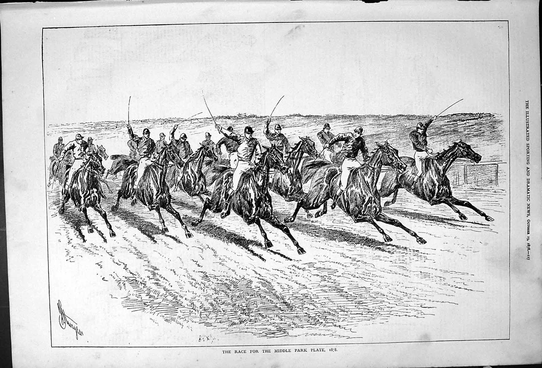 Original Old Antique Print Middle Park Plate Race Horses Sport Sturgess 1878