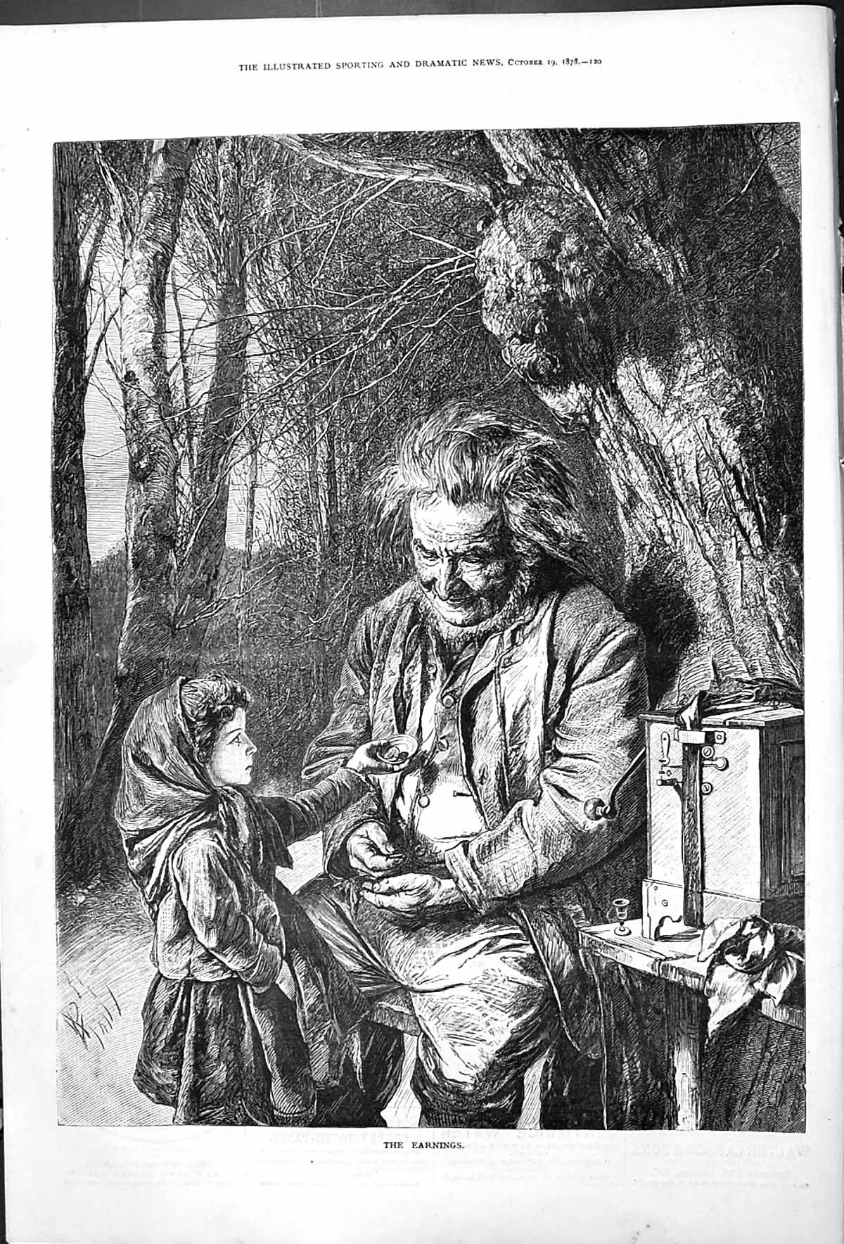 Original Old Antique Print The Earnings Man Little Girl Outdoor Scene 1878 19th