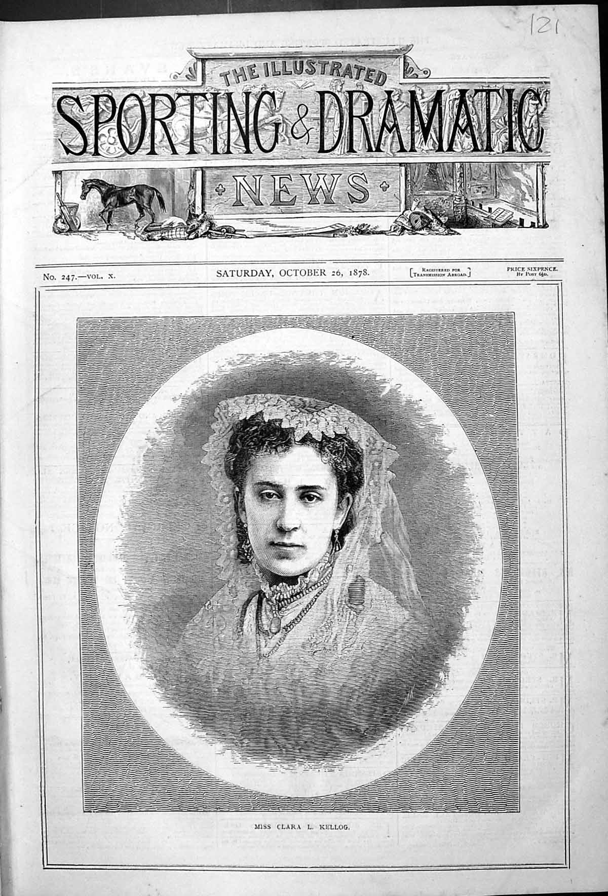 Original Old Antique Print Portrait Miss Clara Kellog Beautiful Woman 1878 19th