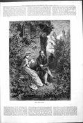Original Old Antique Print And Young Outdoor Scene Beautiful Woman Man 1878