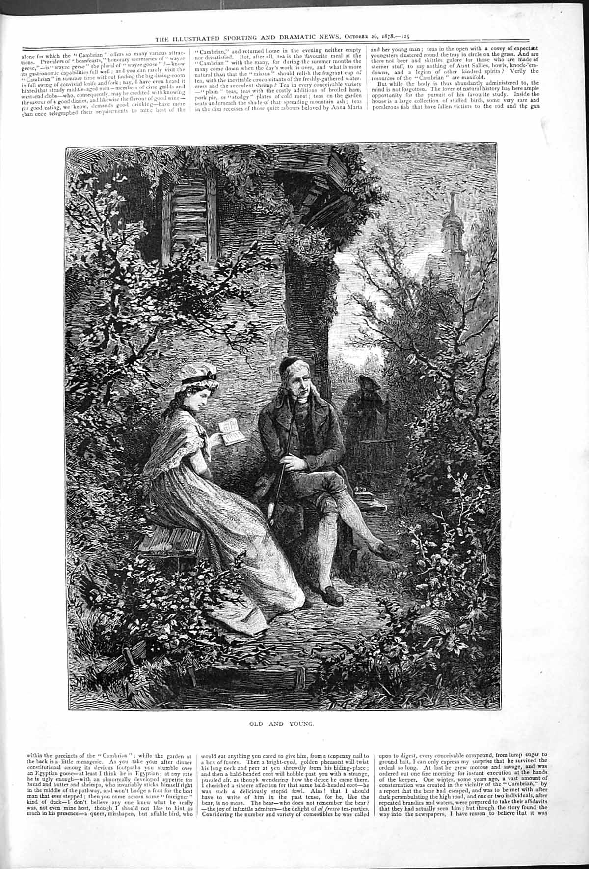 Original Old Antique Print And Young Outdoor Scene Beautiful Woman Man 1878