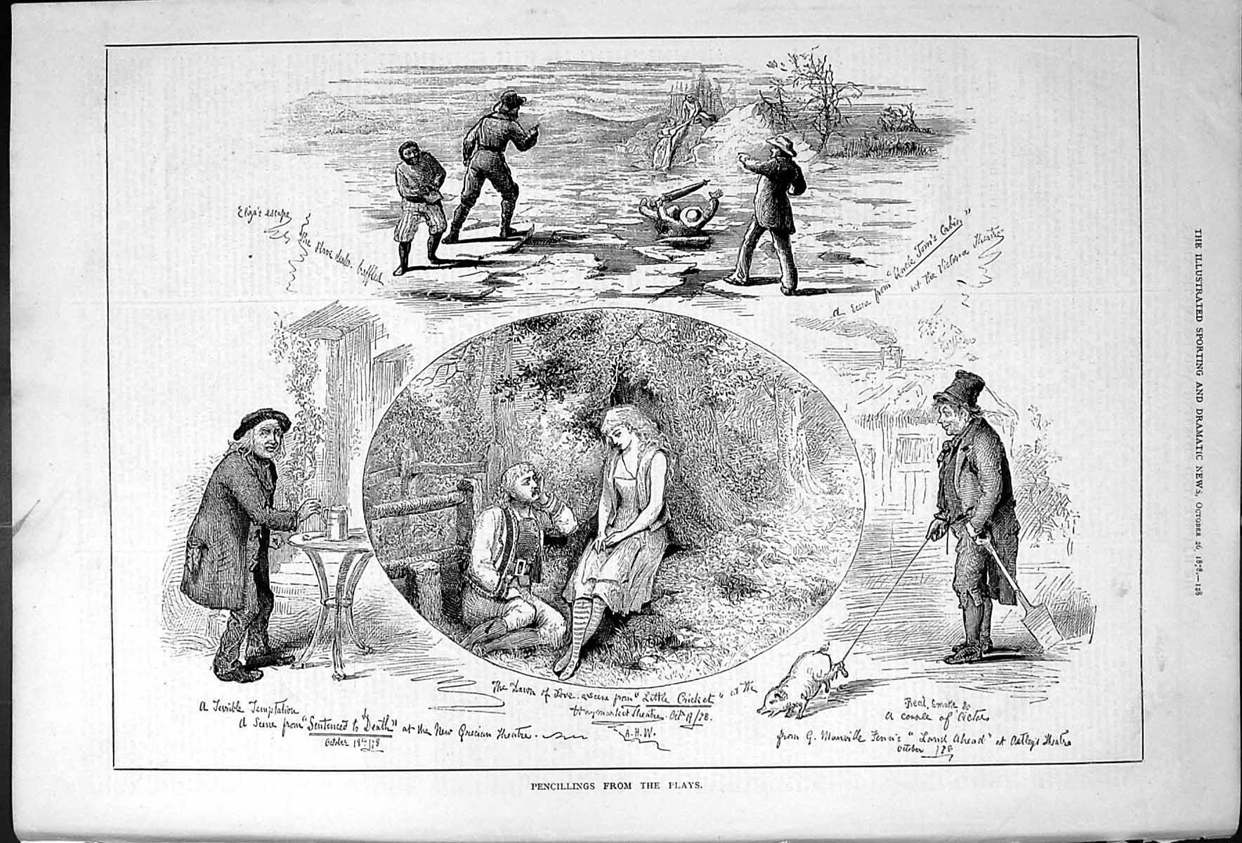 Old Print Pencillings From The Plays Sentenced Death Little Cricket 1878 19th