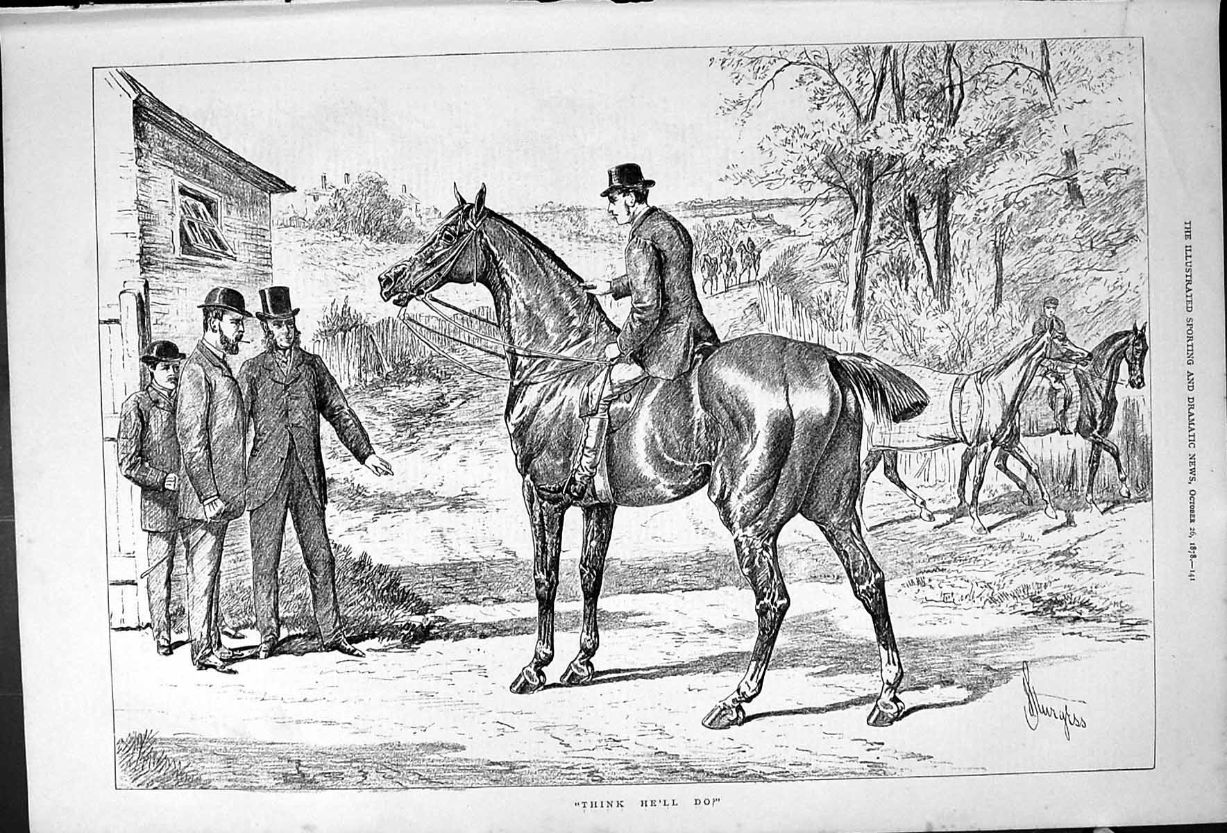 Original Old Antique Print Horse Men Outdoor Scene Sturgess Think He'Ll Do 1878
