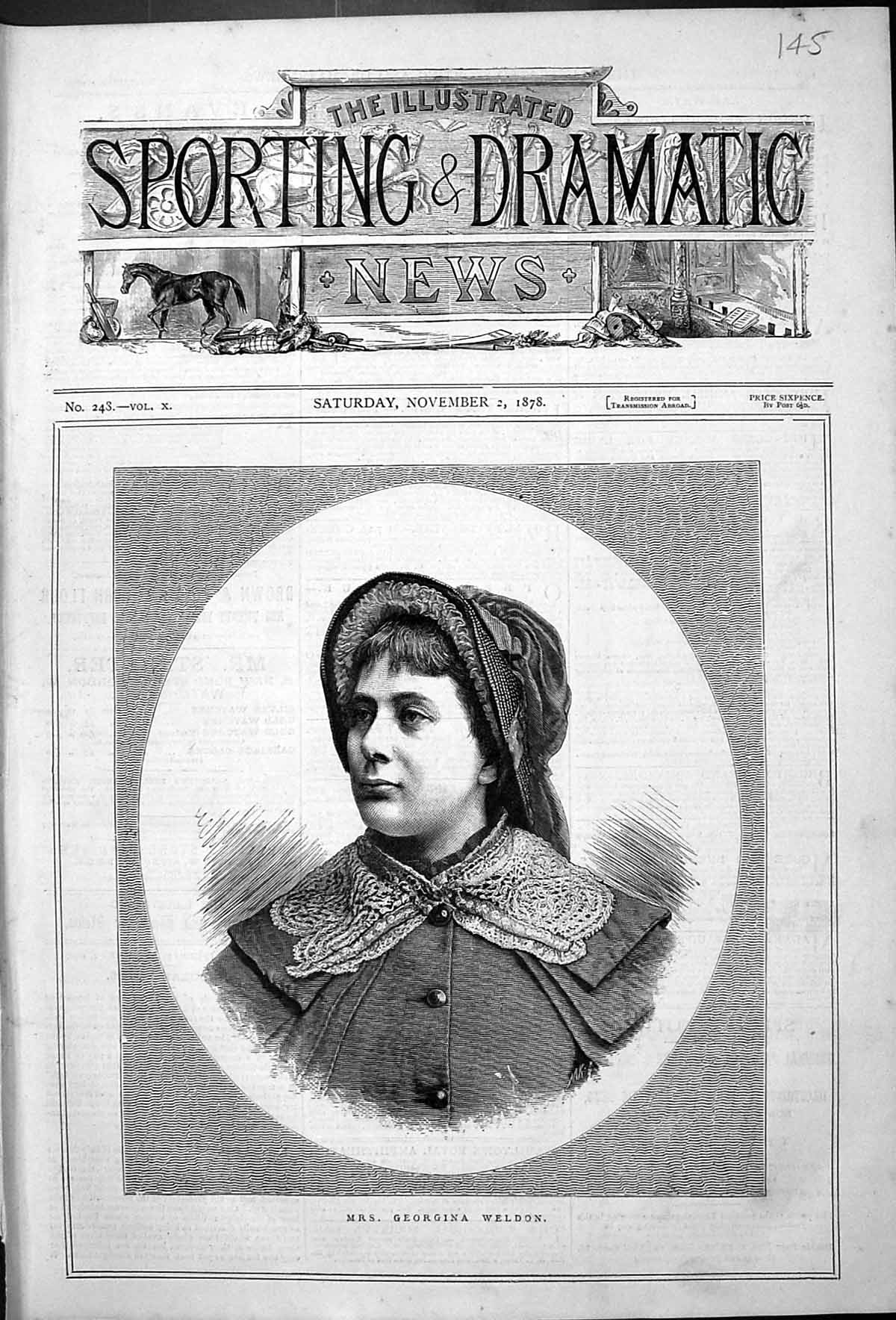 Original Old Antique Print Portrait Mrs Georgina Weldon Beautiful Woman 1878