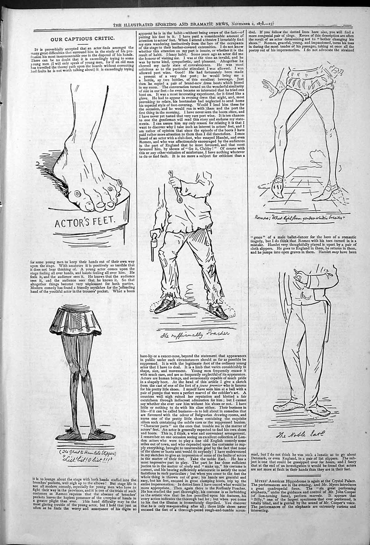 Antique Old Print Captious Critic Theatre Actors Feet Noble Earl Poacher 1878
