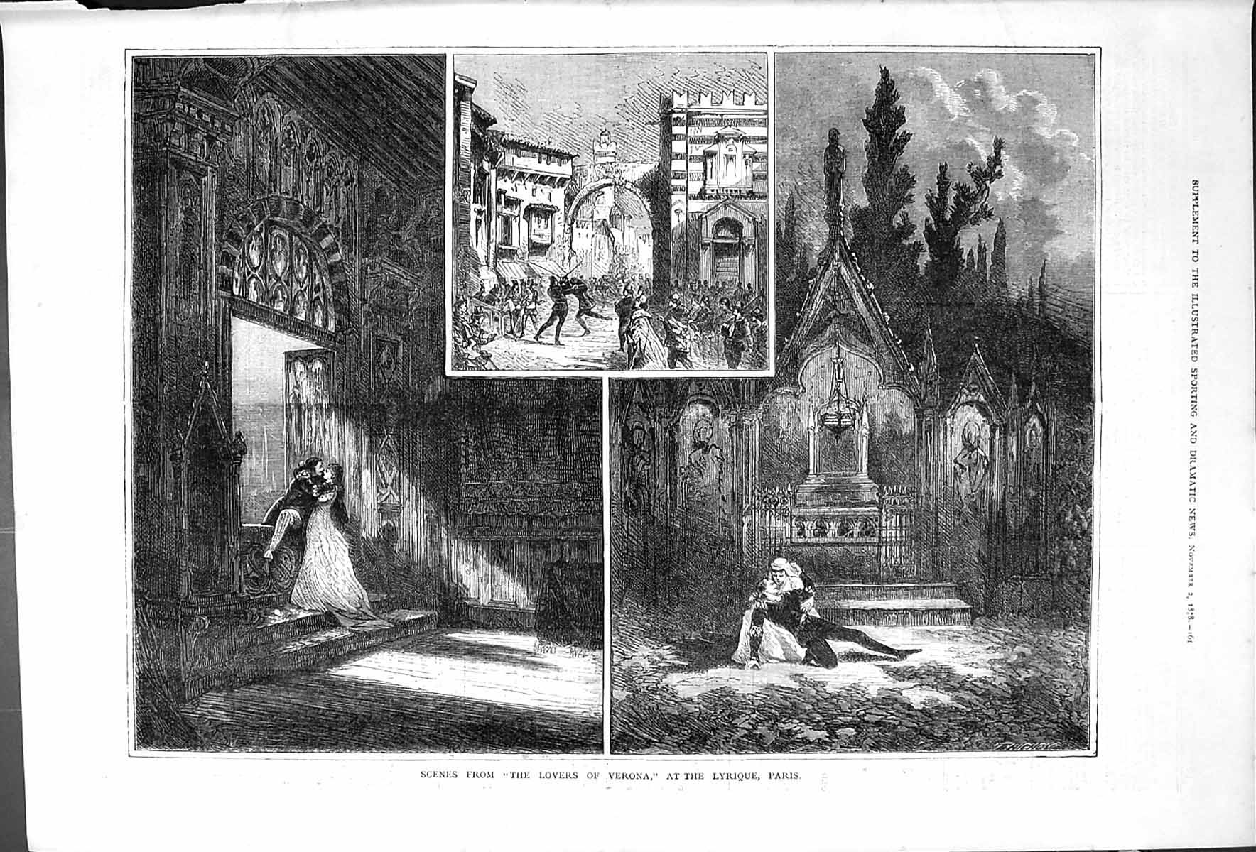 Original Old Antique Print Scenes From Lovers Verona Lyrique Theatre Paris 1878