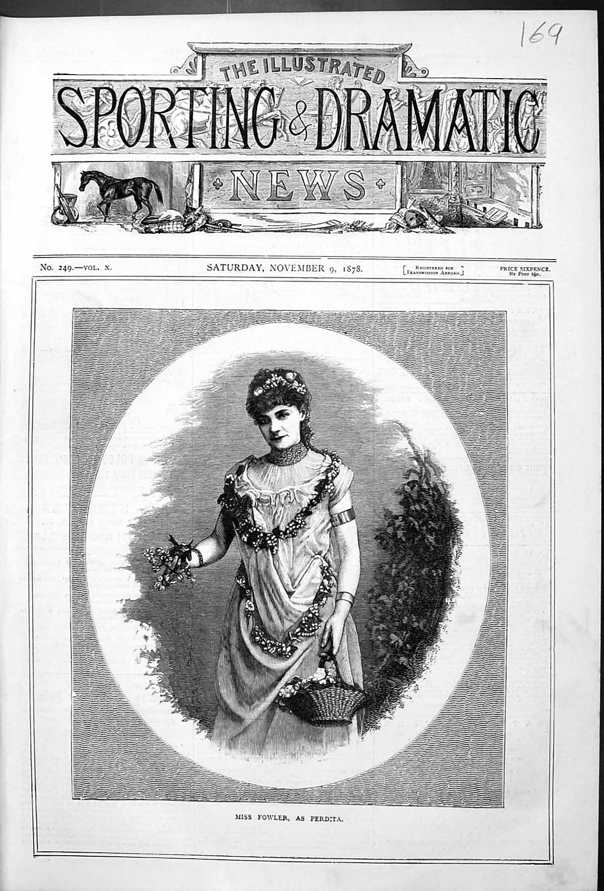 Original Old Antique Print Portrait Miss Fowler As Perdita Beautiful Woman 1878