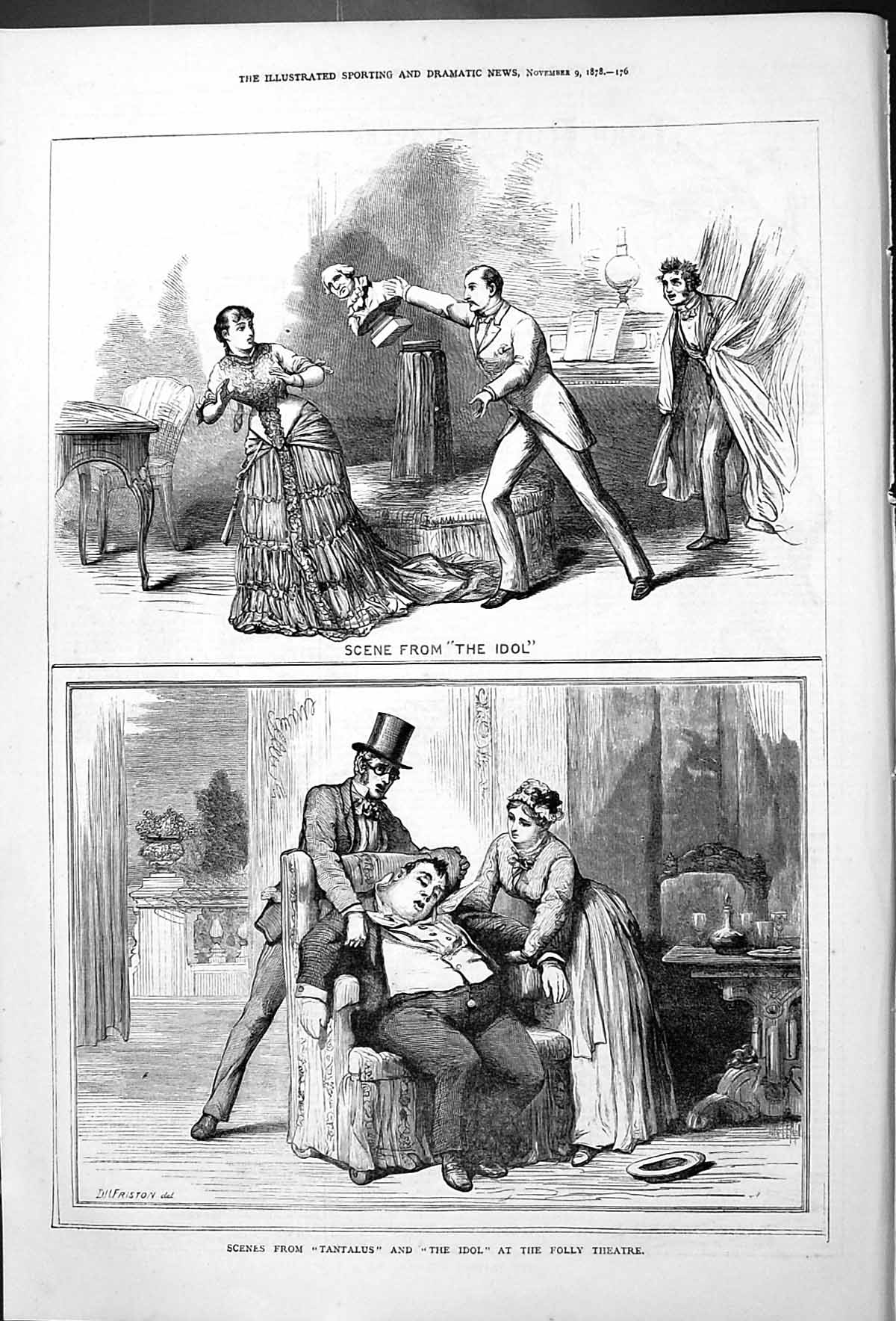 Old Antique Print Scene From The Idol Tantalus Folly Theatre Friston 1878 19th