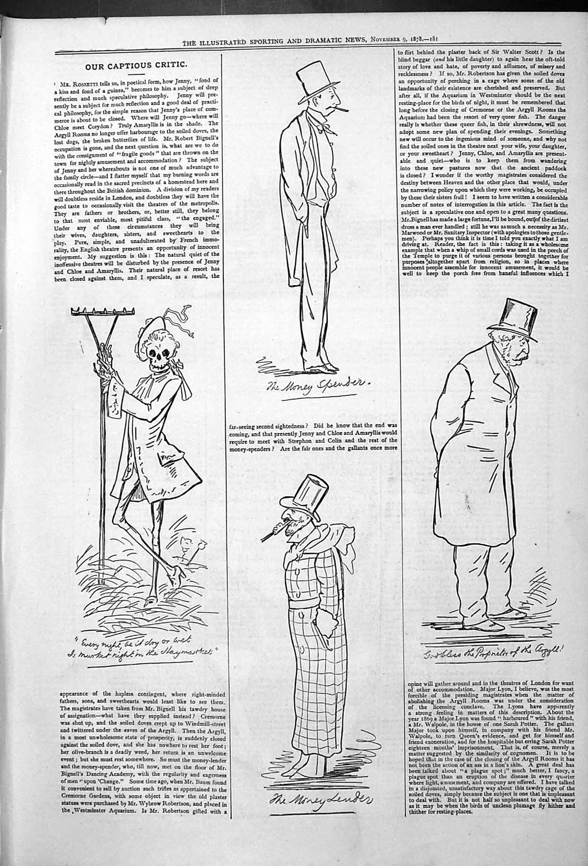 Antique Old Print Captious Critic Theatre Money Lender Spender Actors 1878 19th