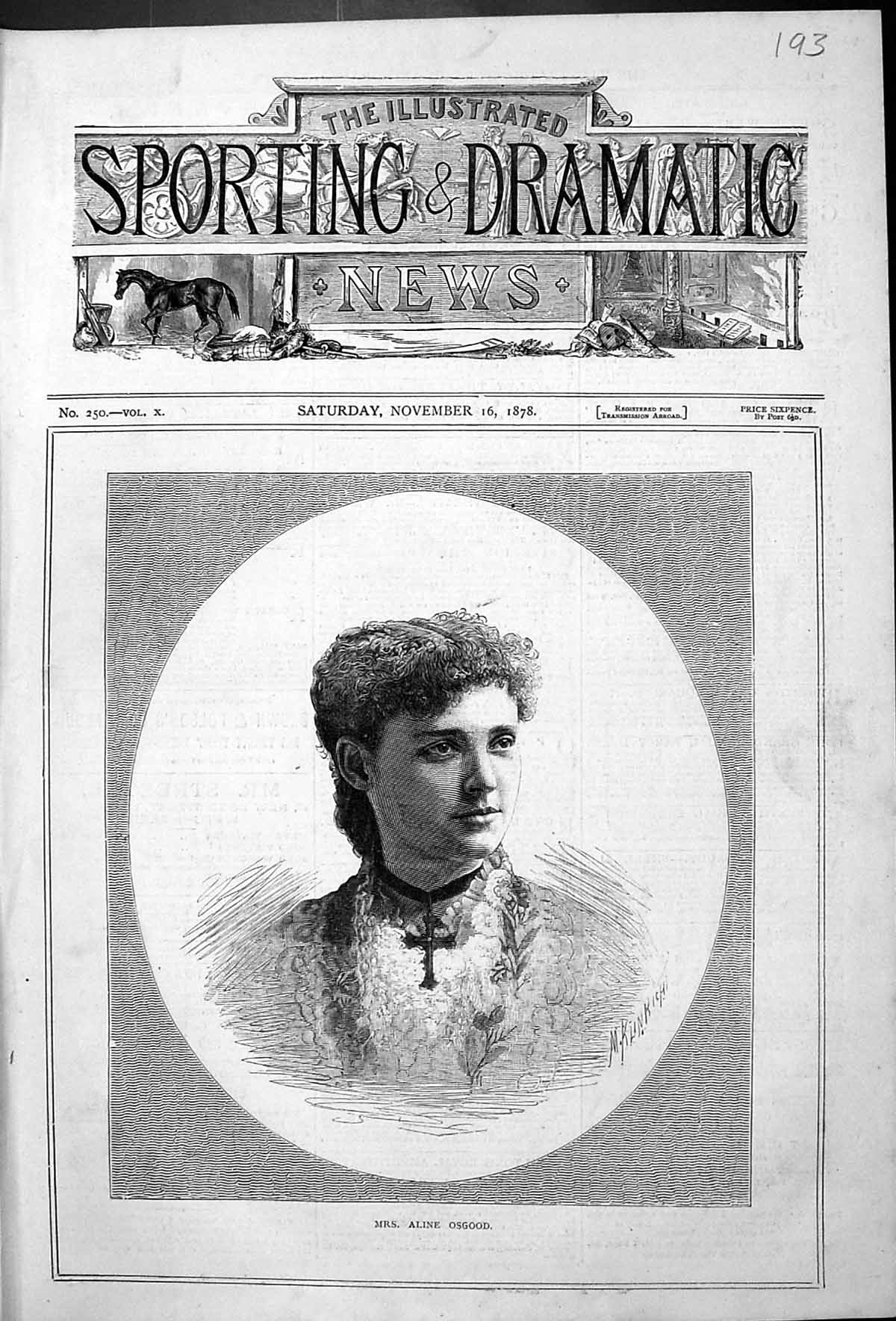 Original Old Antique Print Portrait Mrs Aline Osgood Beautiful Woman 1878 19th