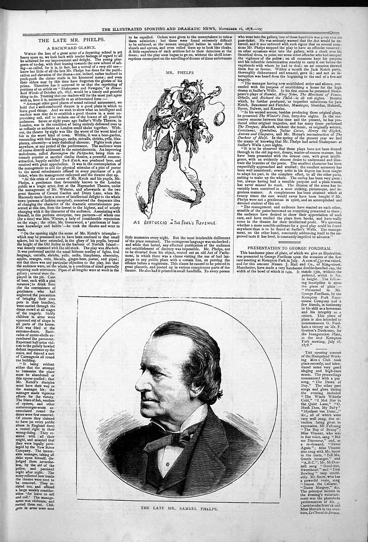 Old Antique Print Late Mr Samuel Phelps Bertuccio The Fools Revenge 1878 19th