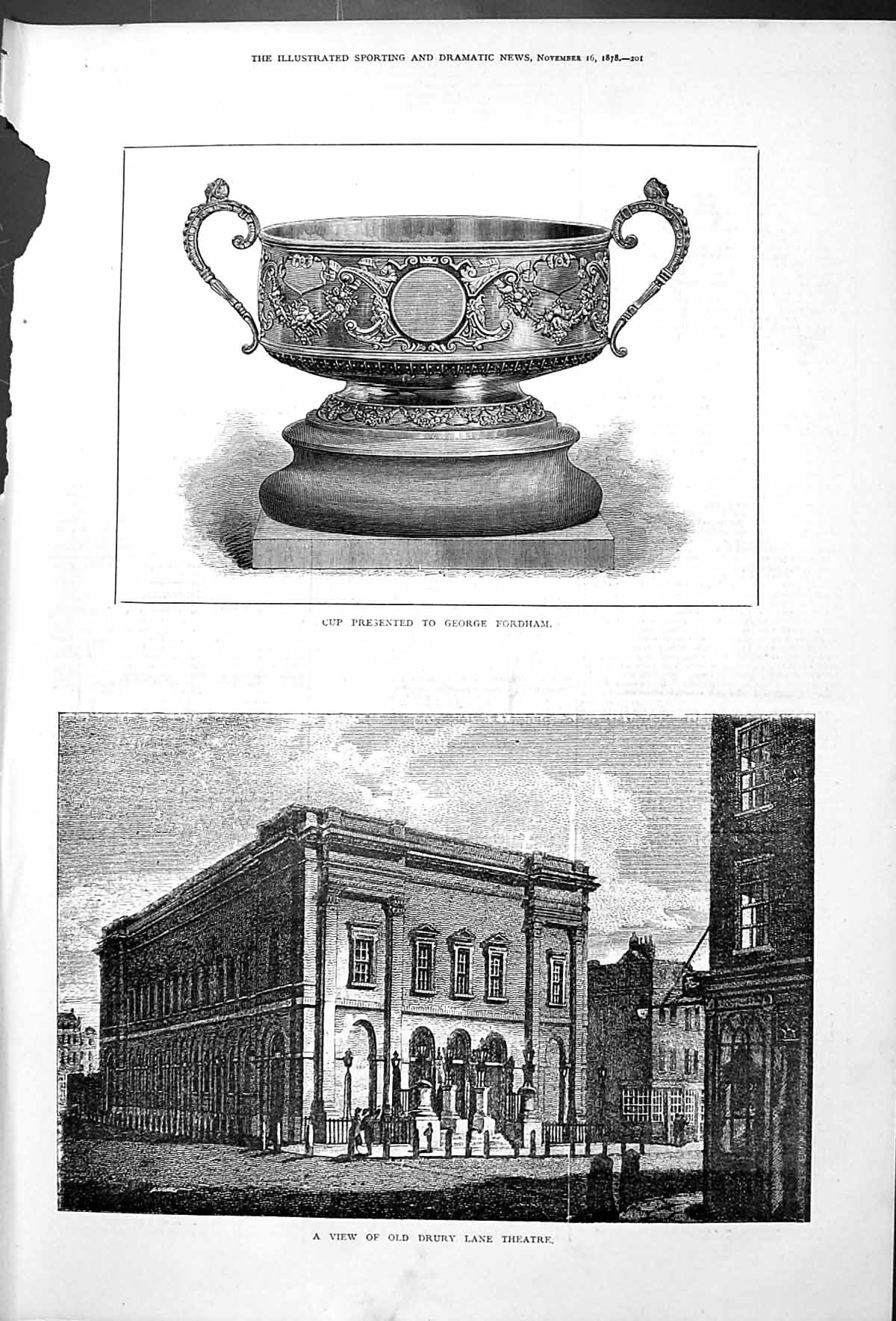 Original Old Antique Print George Fordham Cup Drury Lane Theatre 1878 Victorian