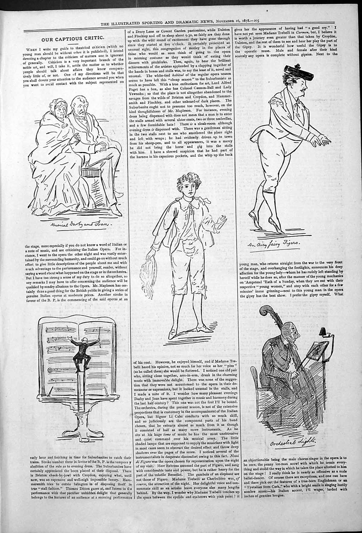 Old Antique Print Captious Critic Theatre Actors Musical Darby Joan 1878 19th