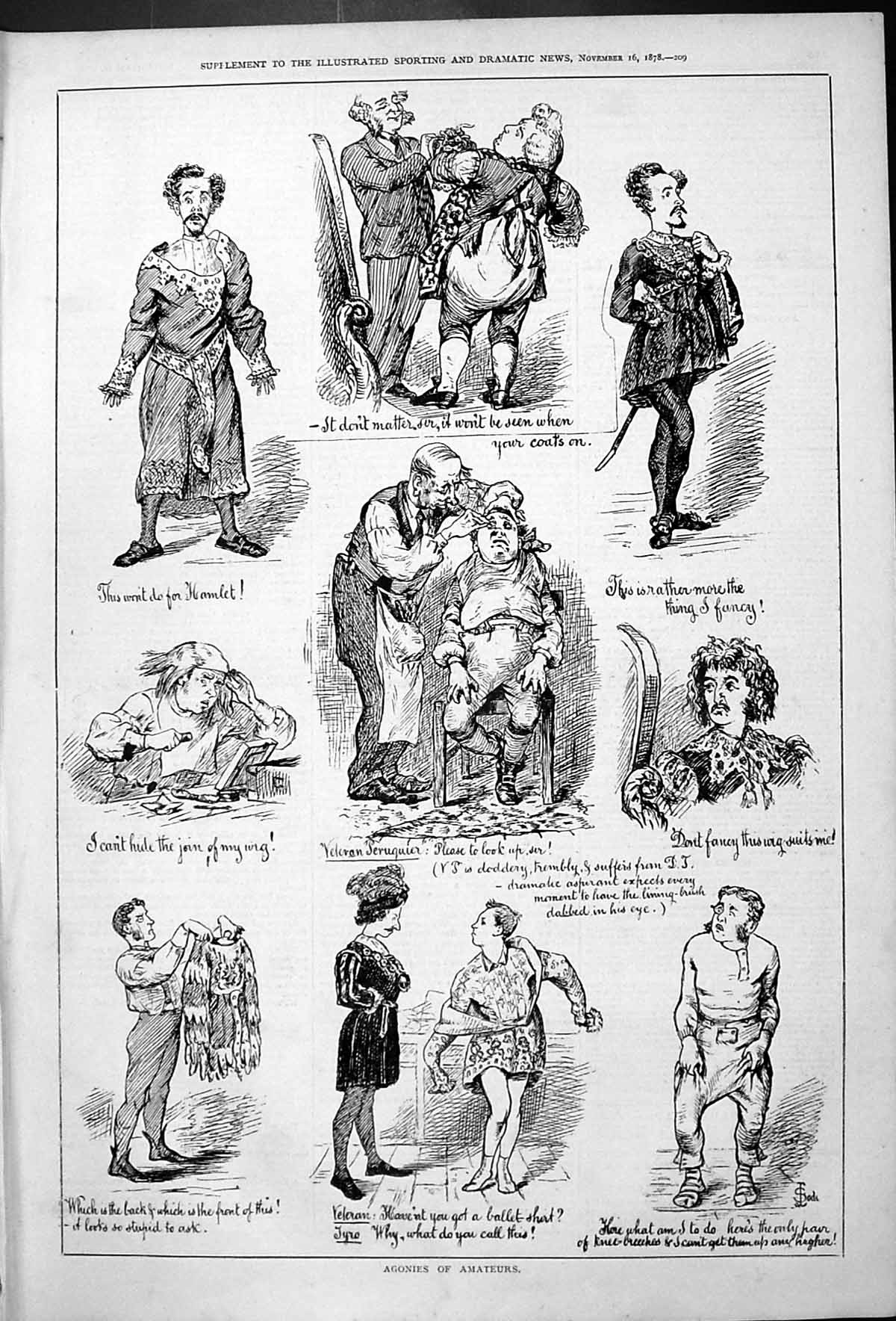 Original Old Antique Print Agonies Amateurs Drama Theatre Mishaps Comedy 1878