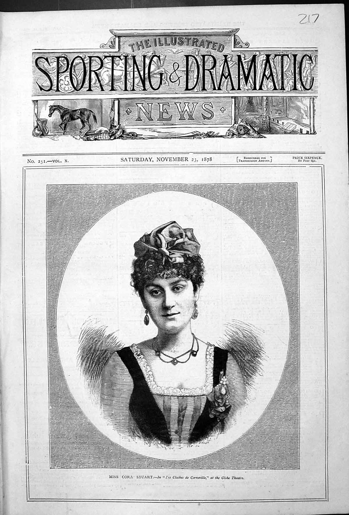 Old Antique Print Miss Cora Stuart Cloches Corneville Globe Theatre 1878 19th