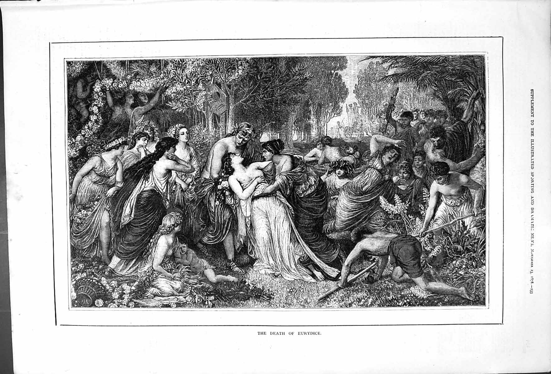 Original Old Antique Print Death Eurydice Outdoor Scene 1878 19th