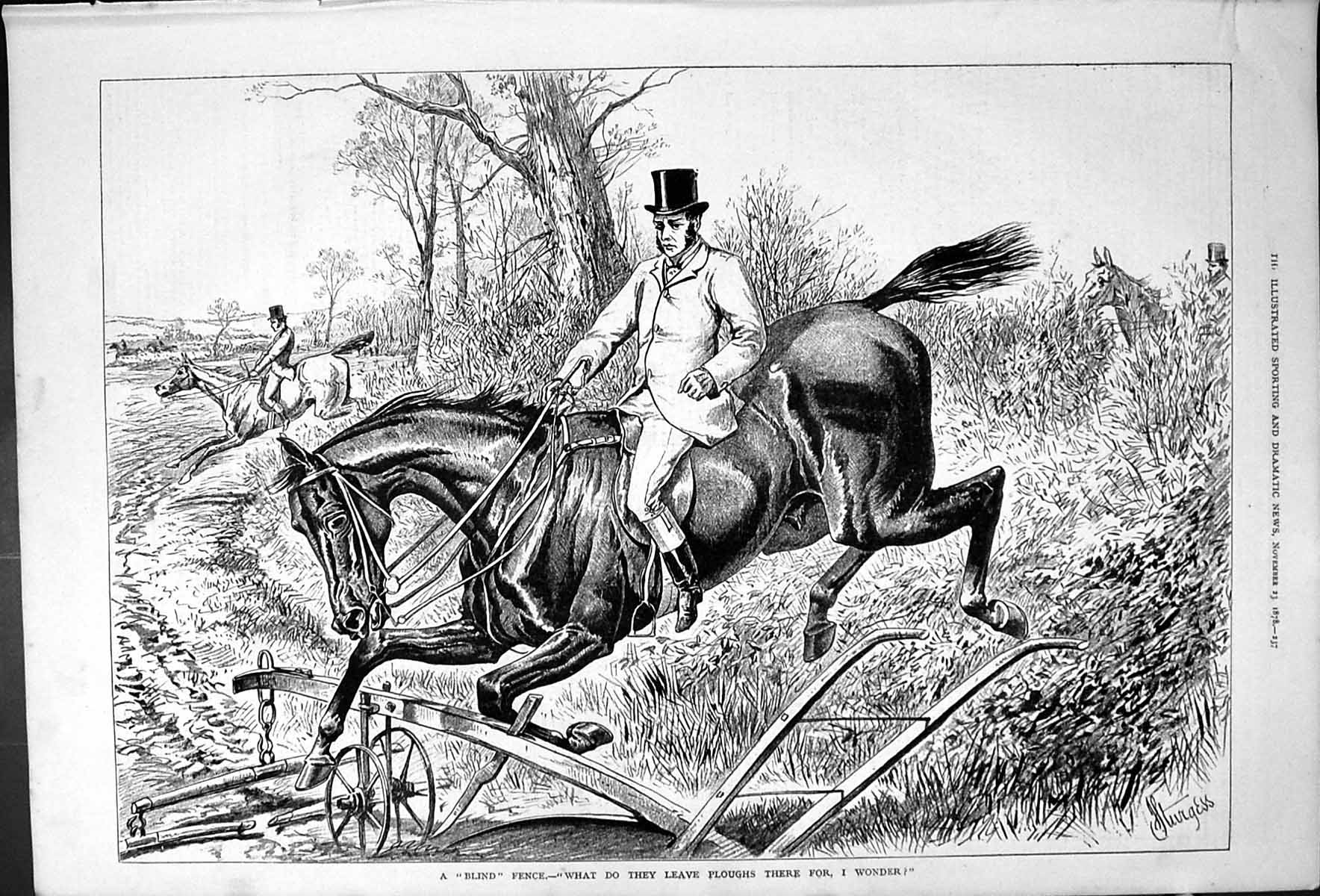 Original Old Antique Print Blind Fence Plough Horse Hunting Sport Sturgess 1878