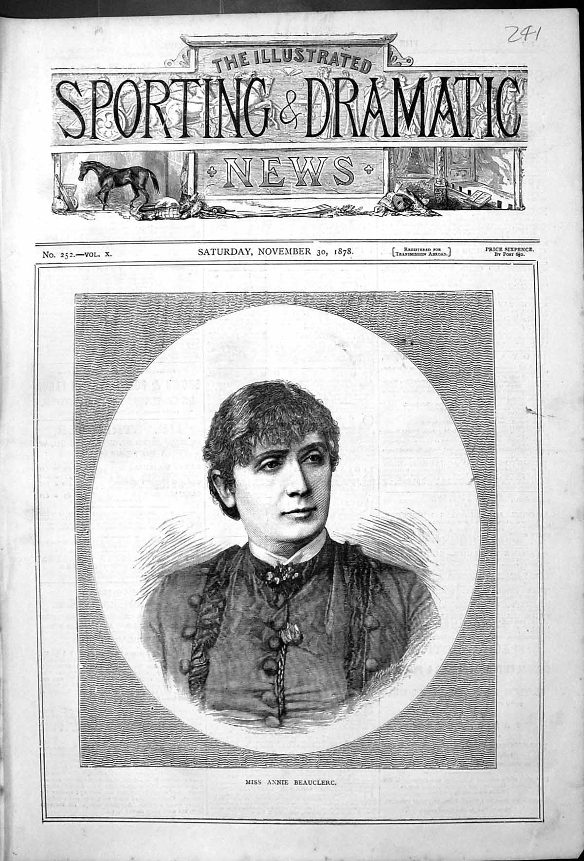 Original Old Antique Print Portrait Miss Annie Beauclerc Beautiful Woman 1878