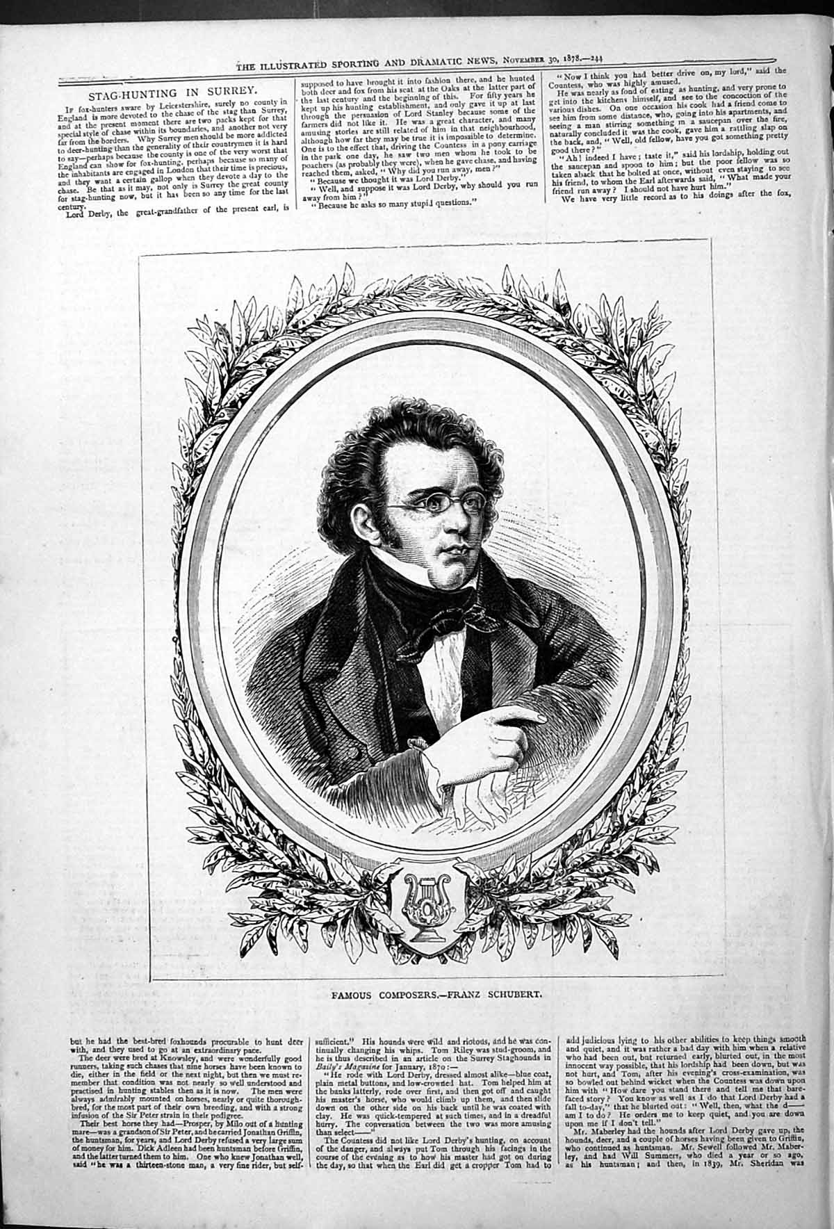 Original Old Antique Print Portrait Famous Composers Franz Schubert 1878 19th
