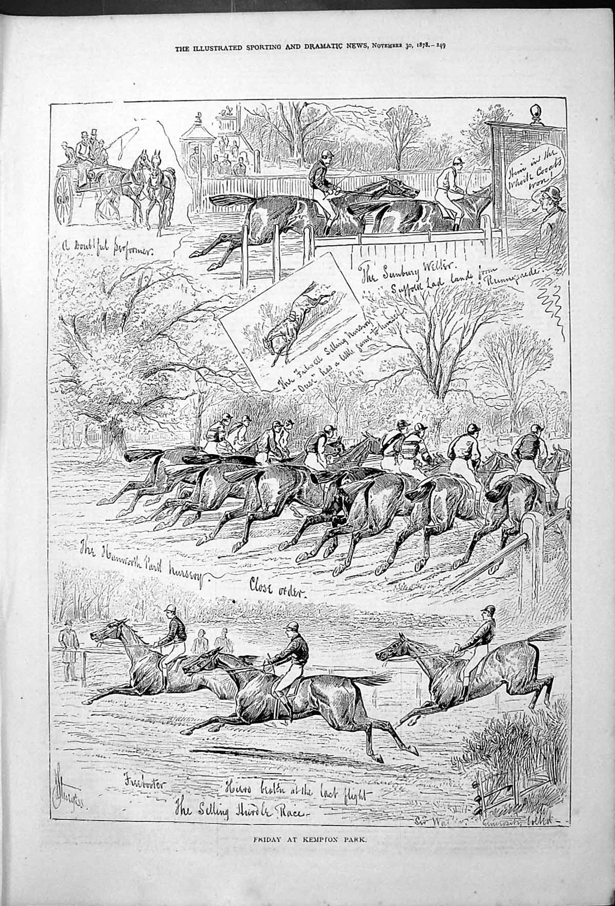 Antique Old Print Friday At Kempton Park Sturgess 1878 Horses Racing Sport 19th