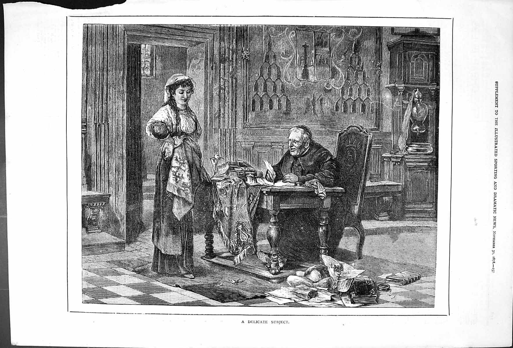 Original Old Antique Print A Delicate Subject 1878 Man Woman Indoor Scene 19th