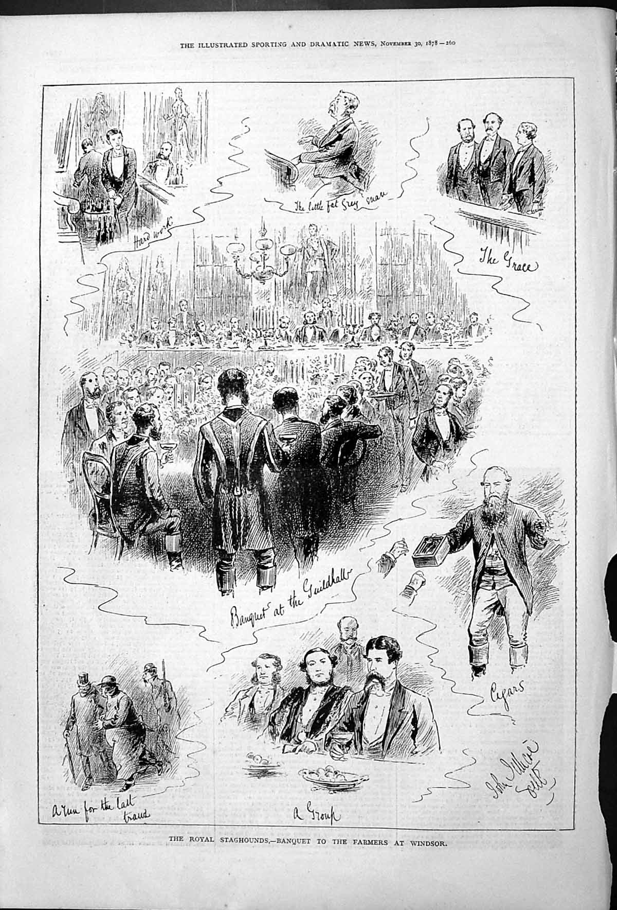 Antique Old Print Royal Staghounds Farmers At Windsor Banquet Guildhall 1878