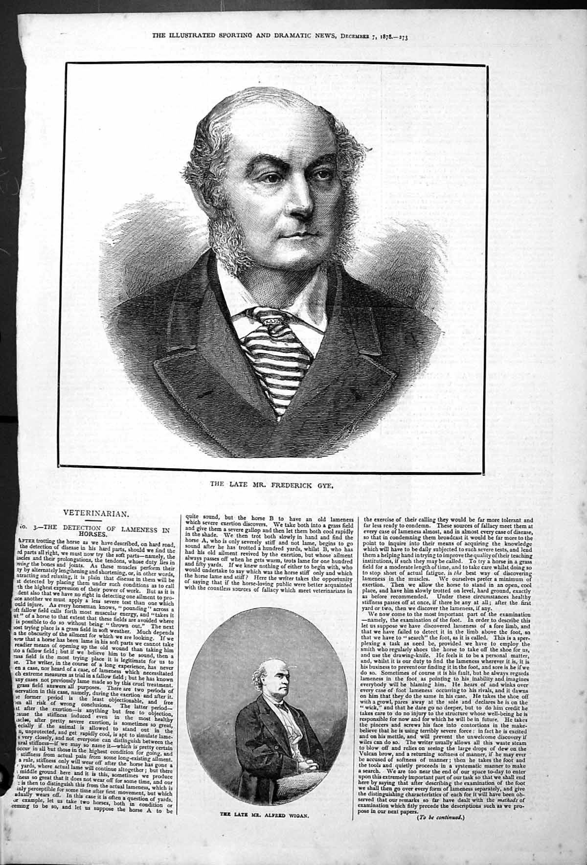Antique Print Late Mr Frederick Gye Portrait Alfred Wigan Veterinarian 1878