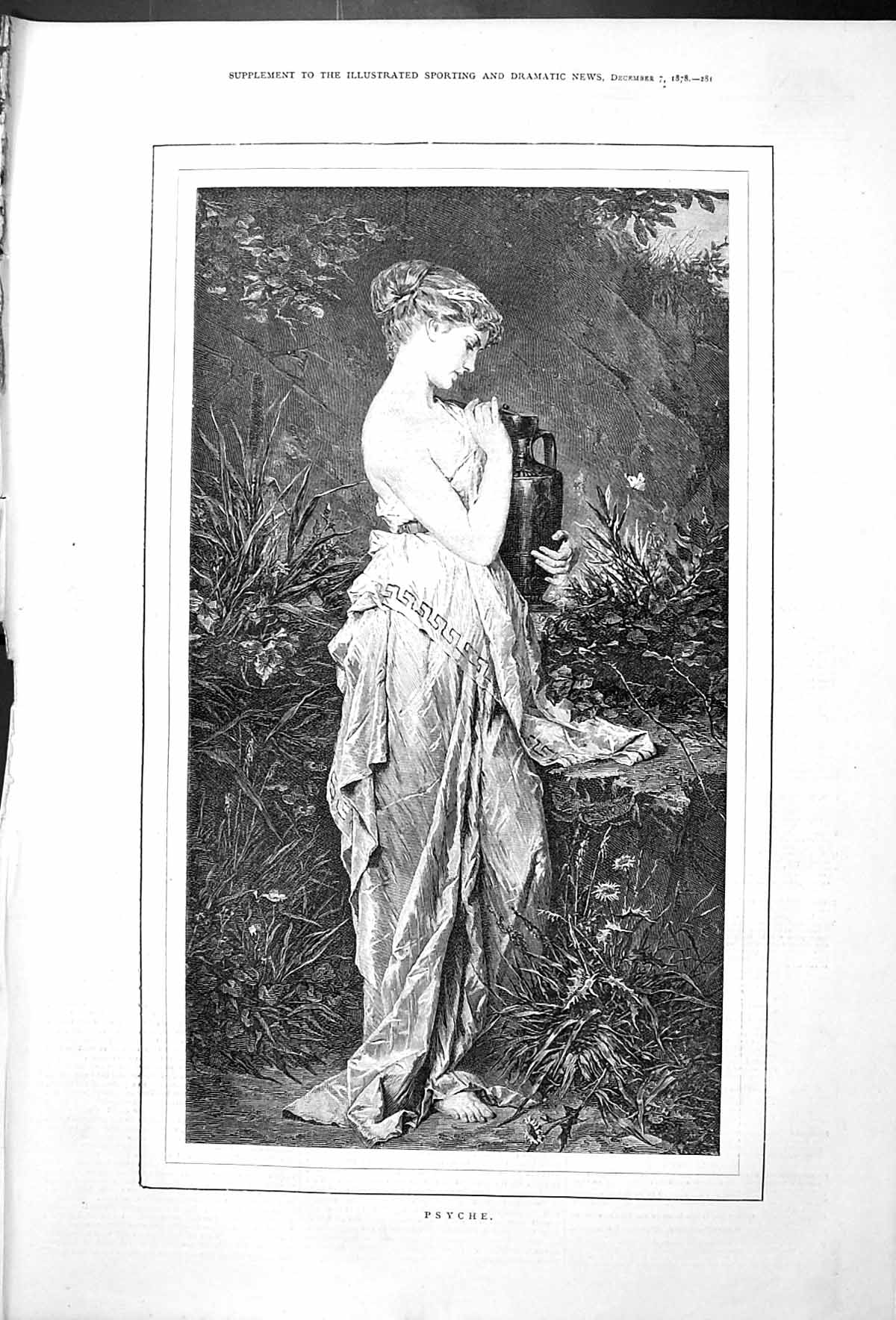 Original Old Antique Print Portrait Psyche Beautiful Woman Outdoor Scene 1878