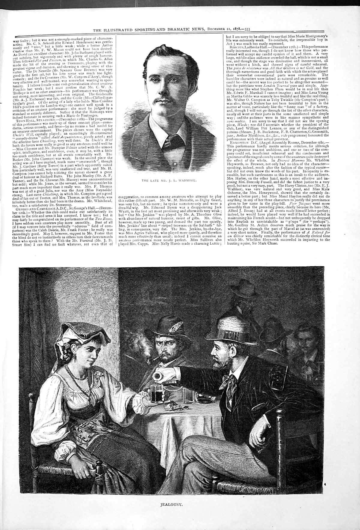 Antique Old Print Late Mr Wadmore Portrait Jealousy Woman Men Romance 1878 19th