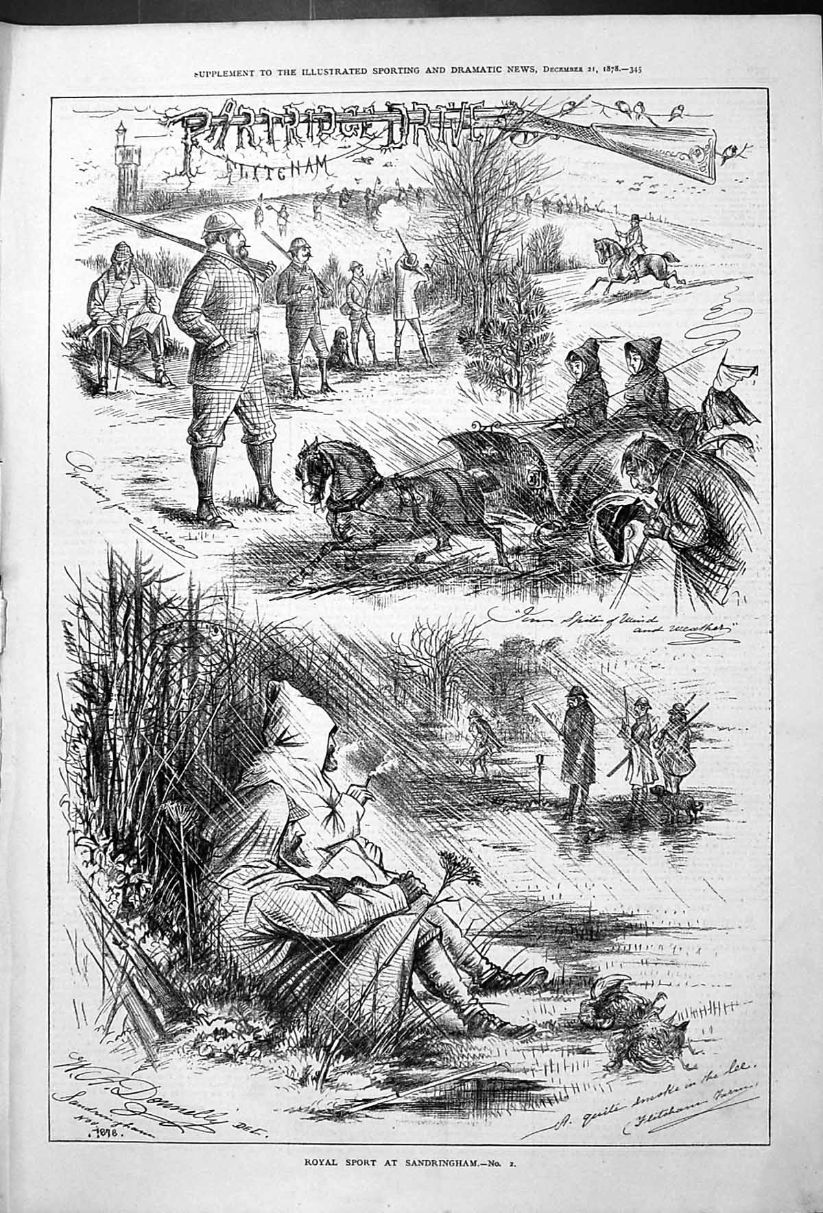 Old Antique Print Royal Sport At Sandringham 1878 Partridge Drive Horses 19th