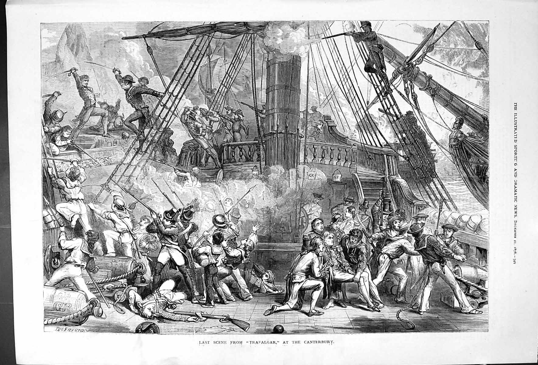 Old Print Battle War Last Scene From Trafalgar At Canterbury Friston 1878 19th