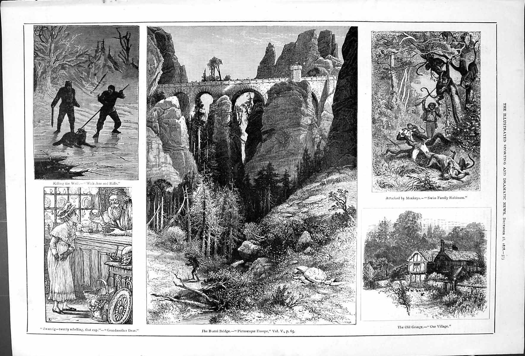 Antique Print Zwanzig Killing Wolf Bastei Bridge Grange Attacked Monkeys 18