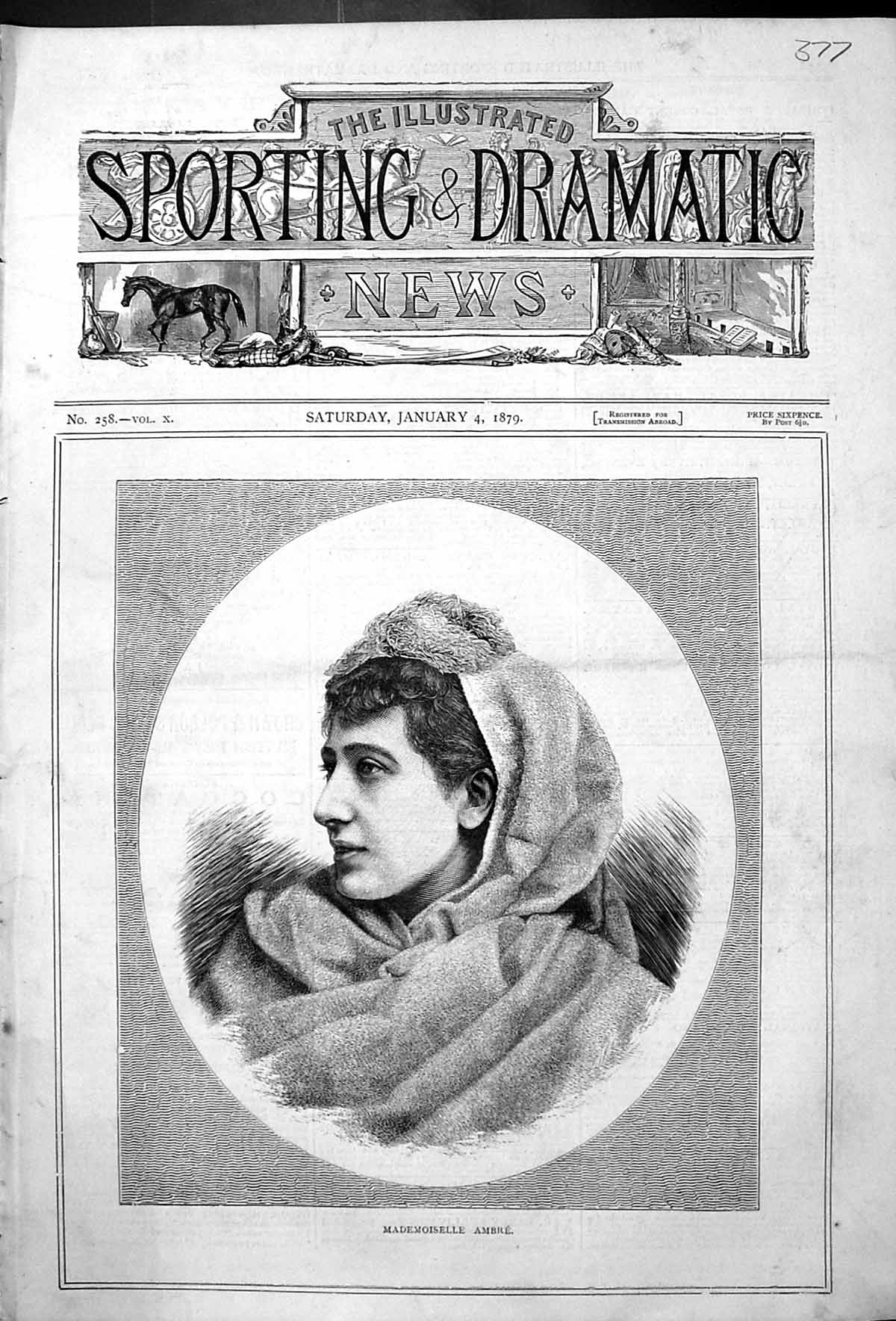 Original Old Antique Print Portrait Mademoiselle Ambre Beautiful Woman 1879
