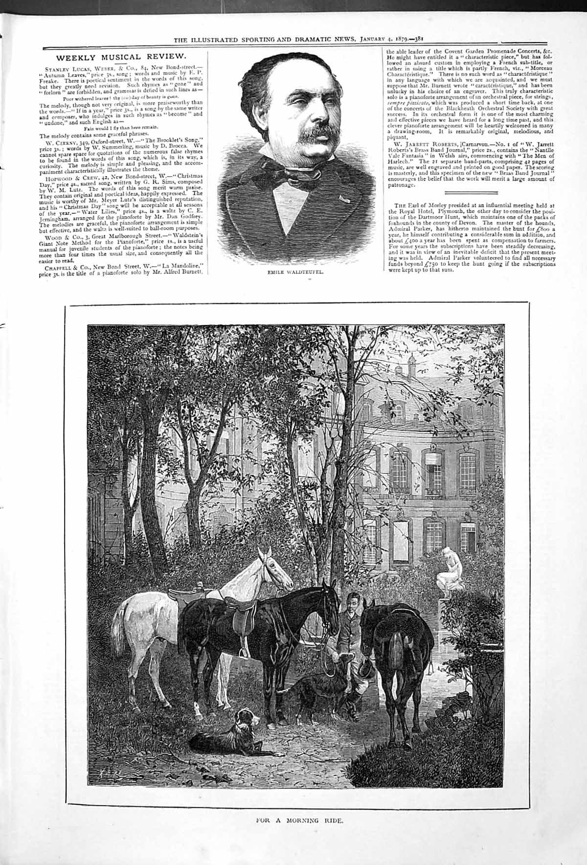 Antique Print Emile Waldteufel Morning Ride Horses Dogs Outdoor Scene 1879 19th