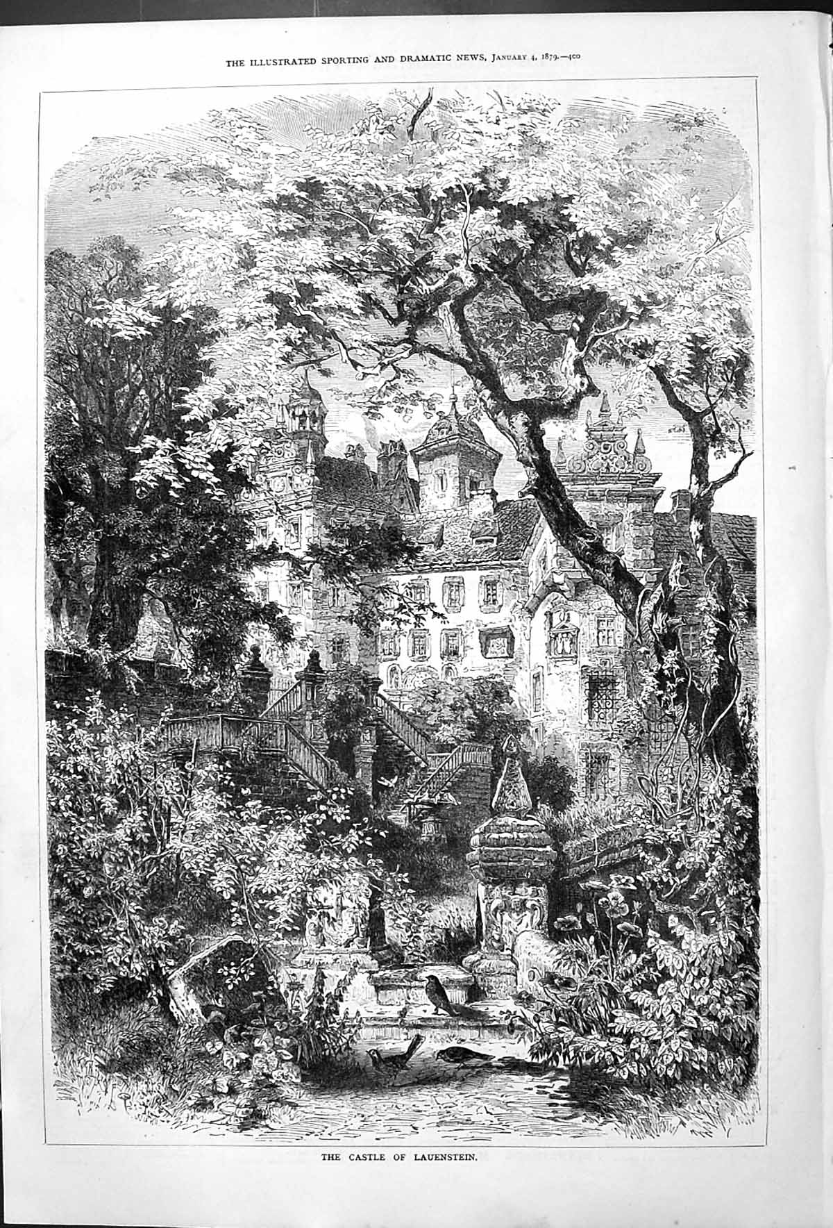 Original Old Antique Print Castle Lauenstein Architecture Outdoor Scene 1879