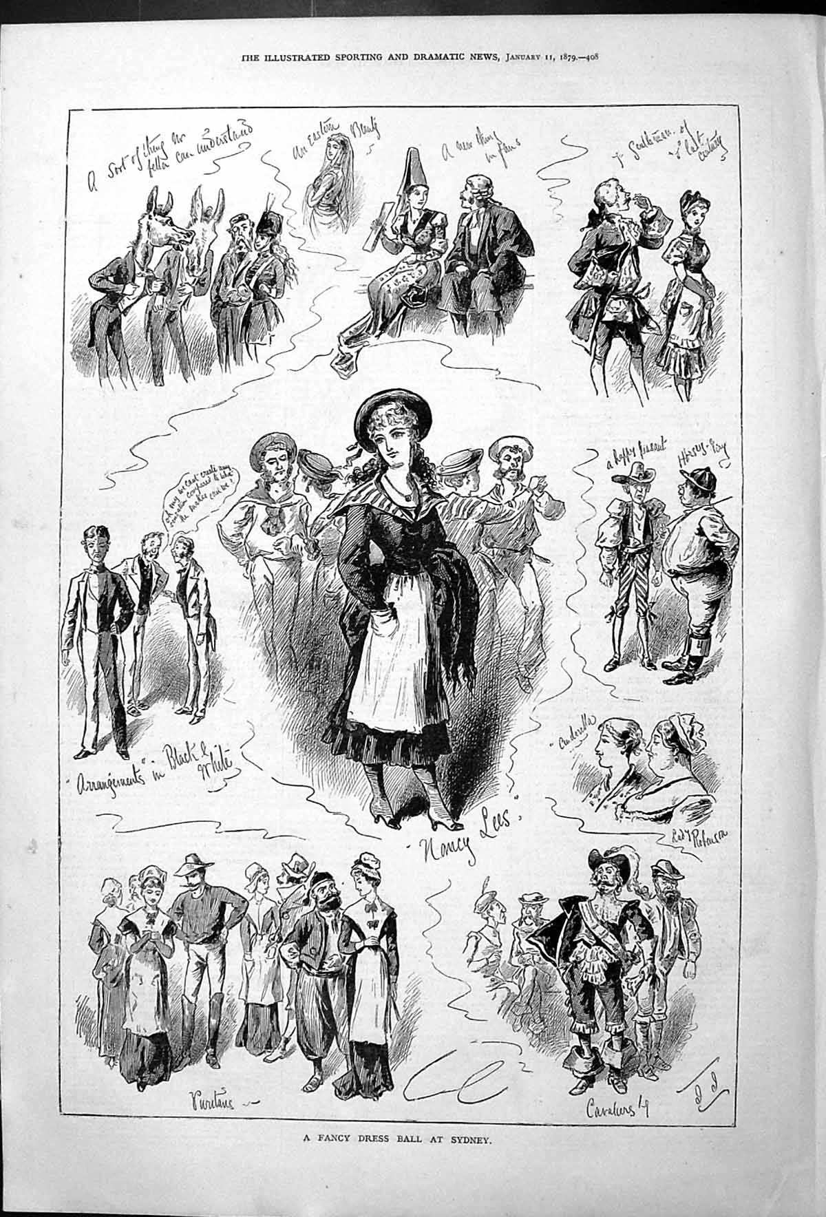 Old Print Fancy Dress Ball At Sydney 1879 Nancy Black And White Sketches 19th