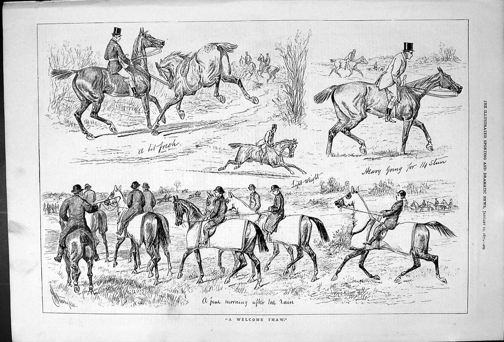 Old Antique Print A Welcome Thaw Sturgess Horses Morning After Rain 1879 19th