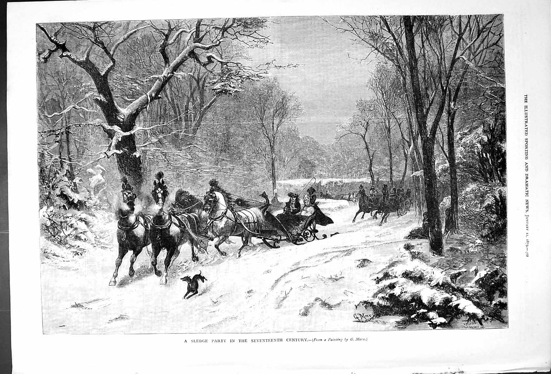 Old Sledge Party In The Seventeenth Century Outdoor Snow Scene Horses