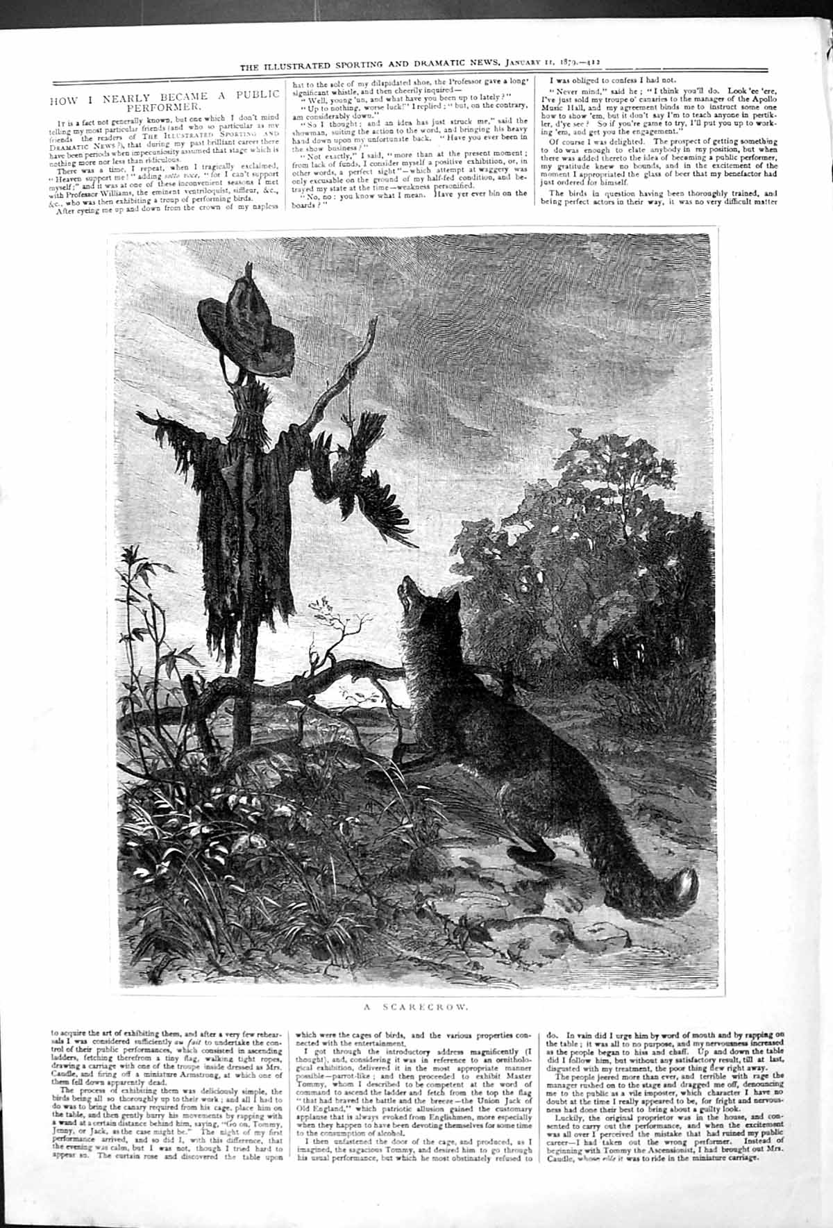 Original Old Antique Print Scarecrow Outdoor Scene Wolf 1879 19th