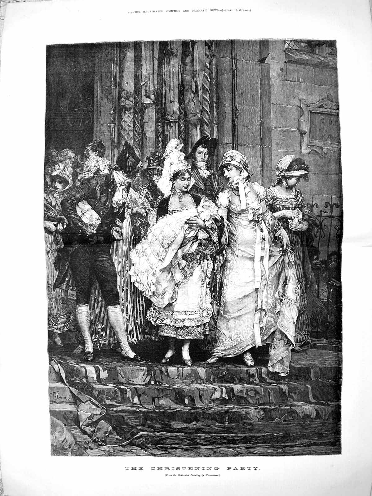 Old The Christening Party Koemmerer Painting Outdoor Church Scene 187 19th
